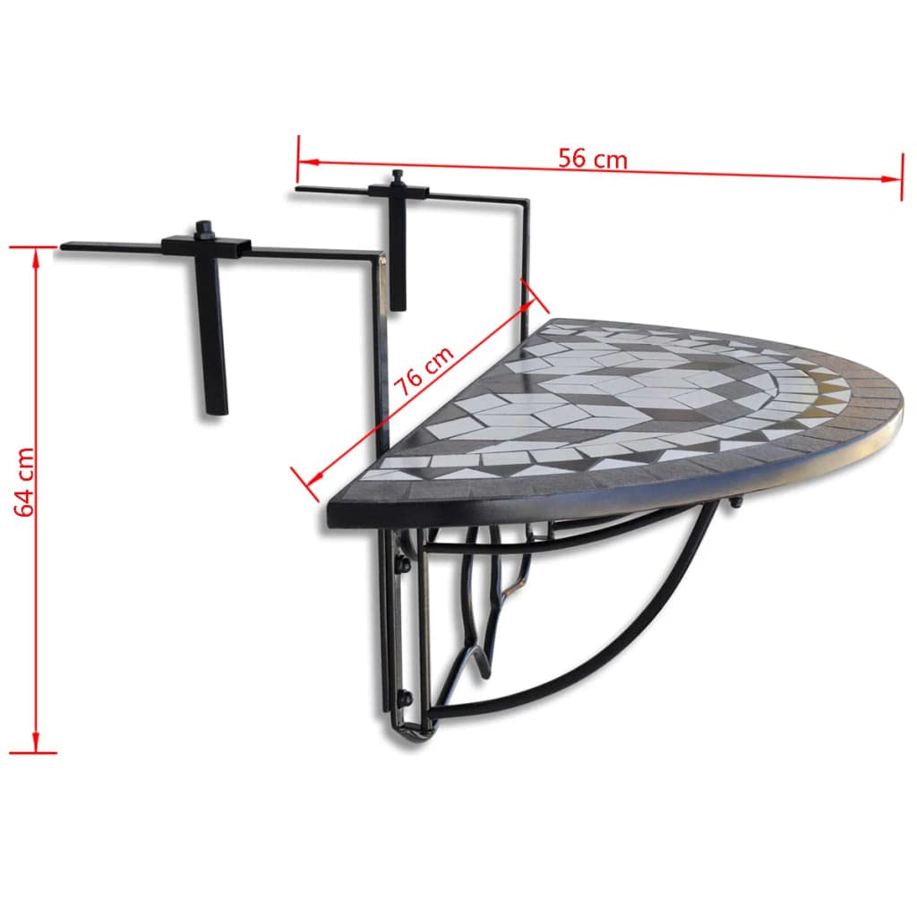 Adjustable Hanging Balcony Table for Outdoor & Indoor Use - Patio, Garden, Deck Railing Table with Wicker Finish in Black & White Mosaic - Perfect for Small Space Dining, Coffee Break, and Relaxing Outdoors