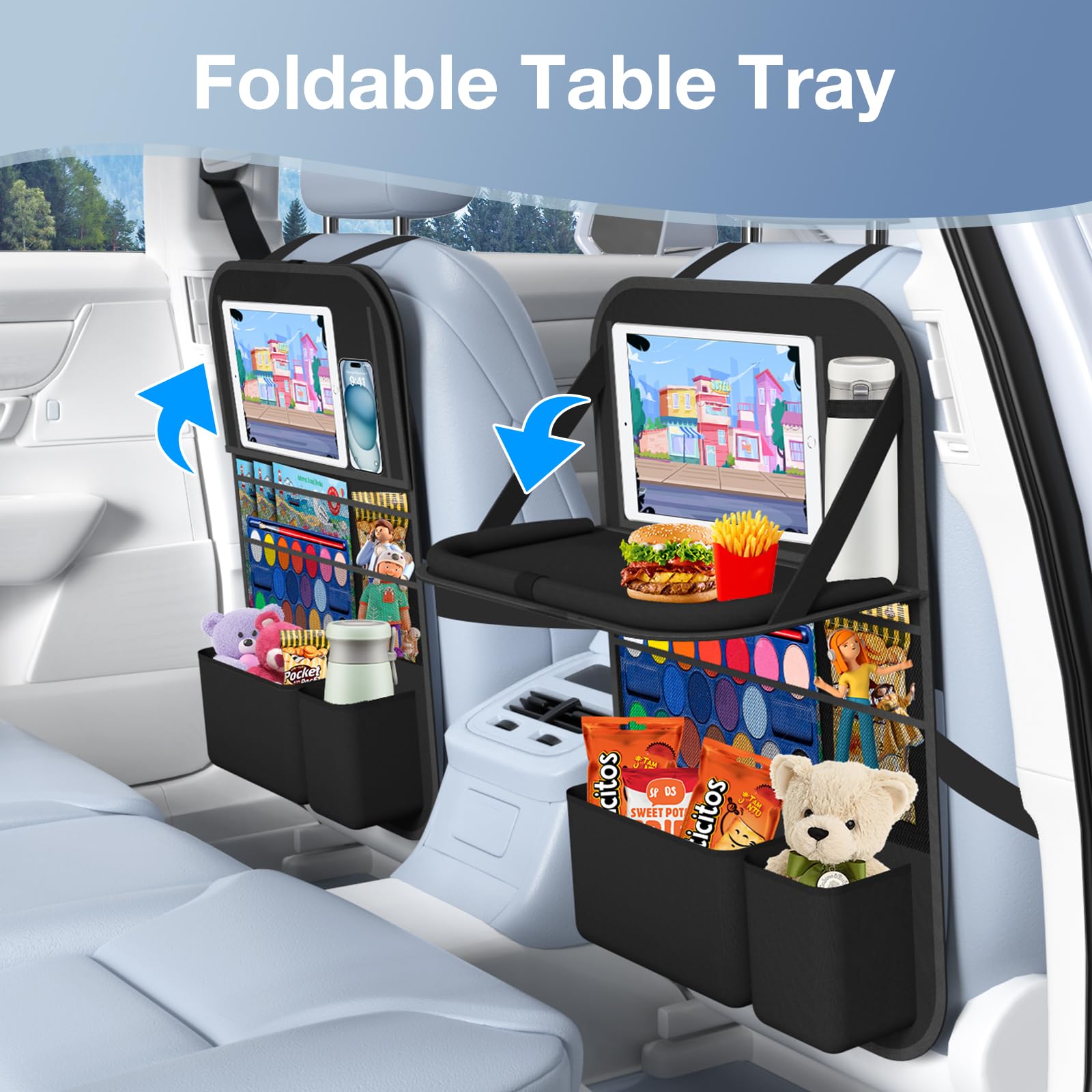 Car Backseat Organizer with Table Tray - 9 Storage Pockets & Tablet Holder for Kids Road Trips, Travel Essentials - Perfect for Family Vacations & Long Drives (1 Pack)