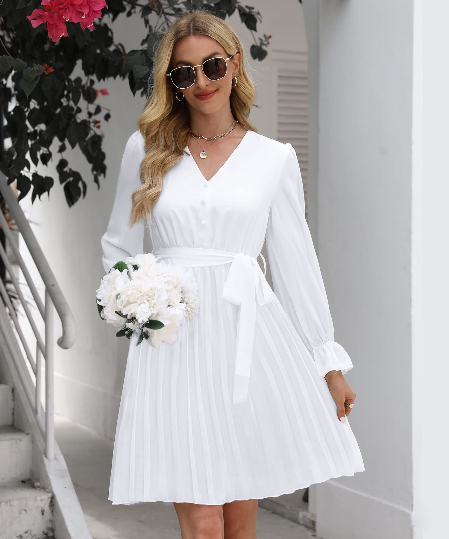 Elegant Women's Long Sleeve V-Neck Ruffle Lantern Sleeve Pleated Mini Dress with Belt - Wedding Guest Dress, Cocktail Party Outfit & Special Occasion Dress - Perfect for Date Nights, Holiday Parties, Formal Events, Bridal Showers & Office Celebrations - Great for Evening Galas, Anniversary Dinners, and Spring Weddings