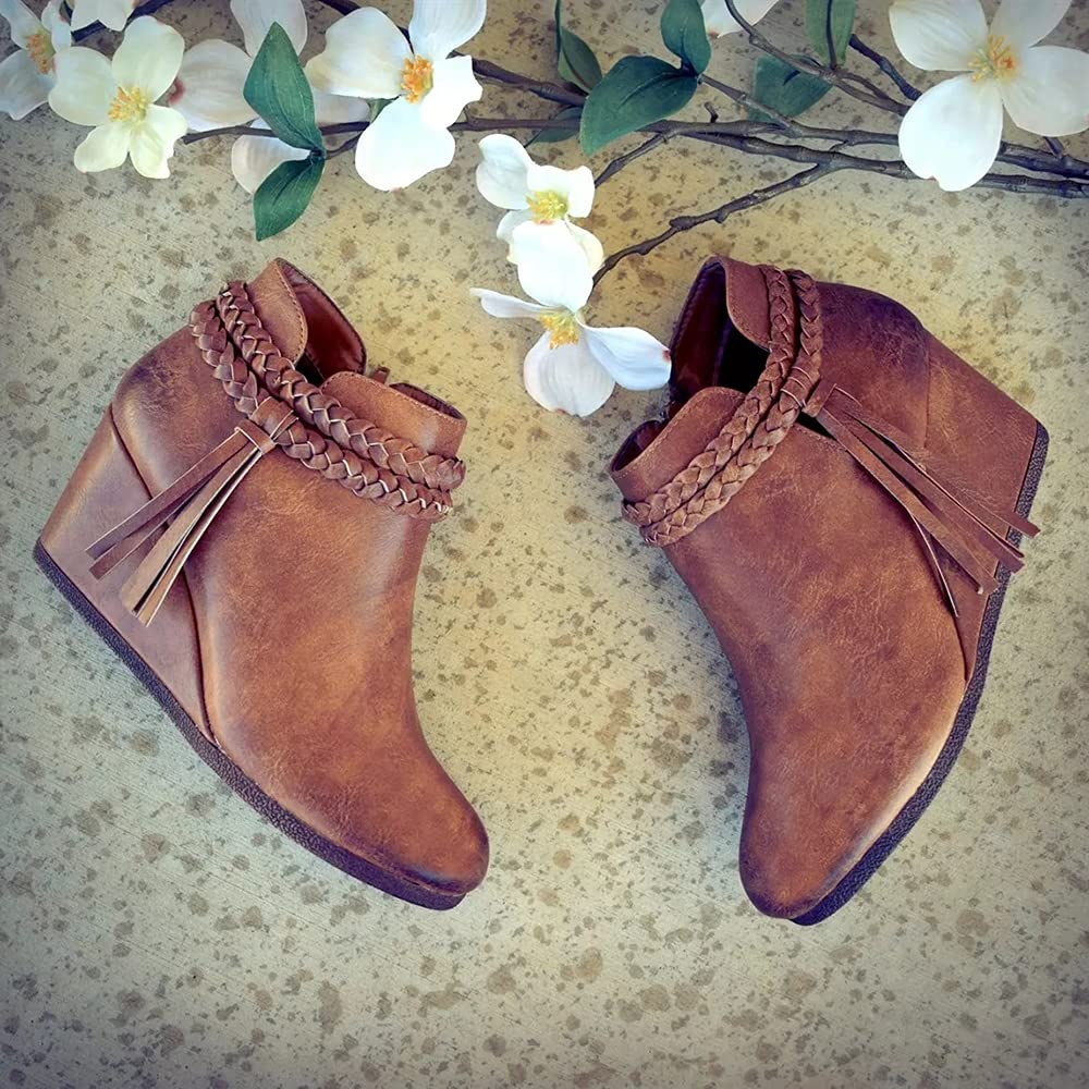 Women's Western Style Wedge Ankle Boots with Braided Fringe Strap - Comfortable Heeled Fall Booties for Casual Outfits & Country Events