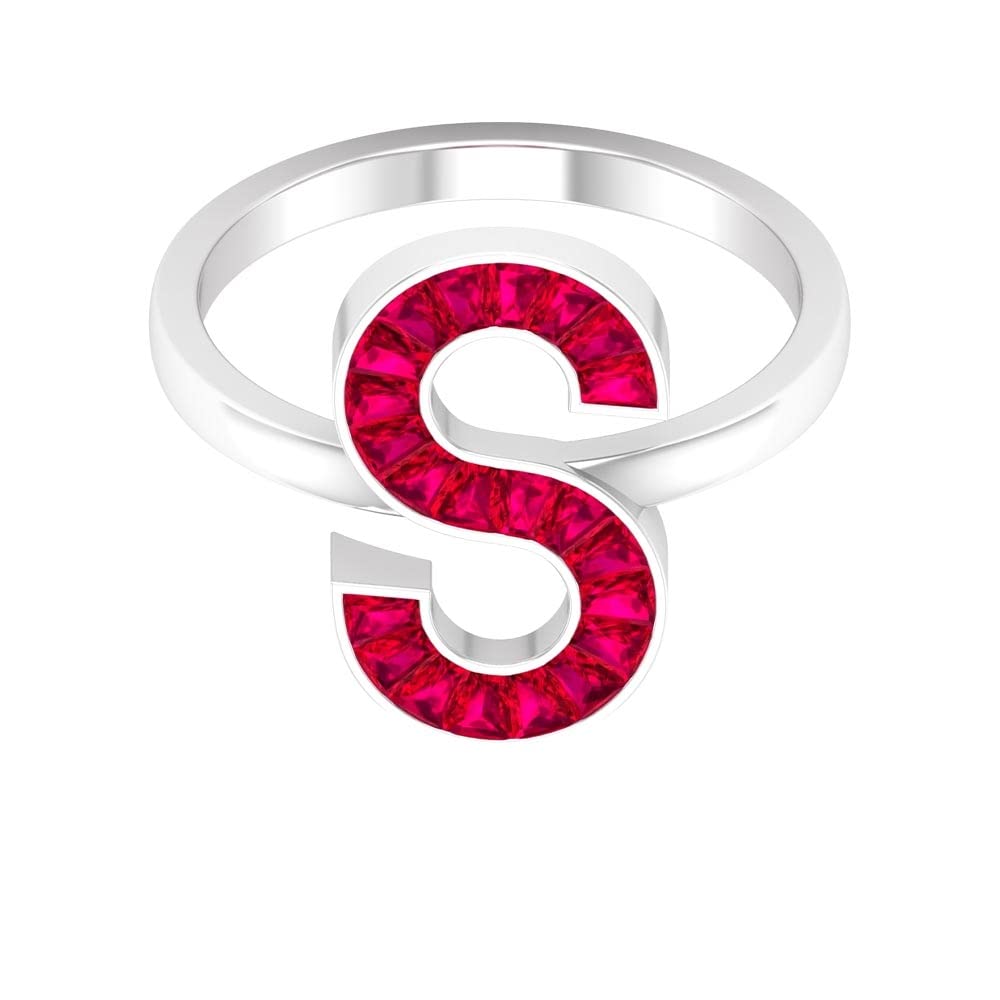 14K White Gold Ruby Initial Rings for Women - Personalized A to Z Alphabet Letter Rings with Baguette Ruby - Perfect for Birthdays, Anniversaries & Gifts