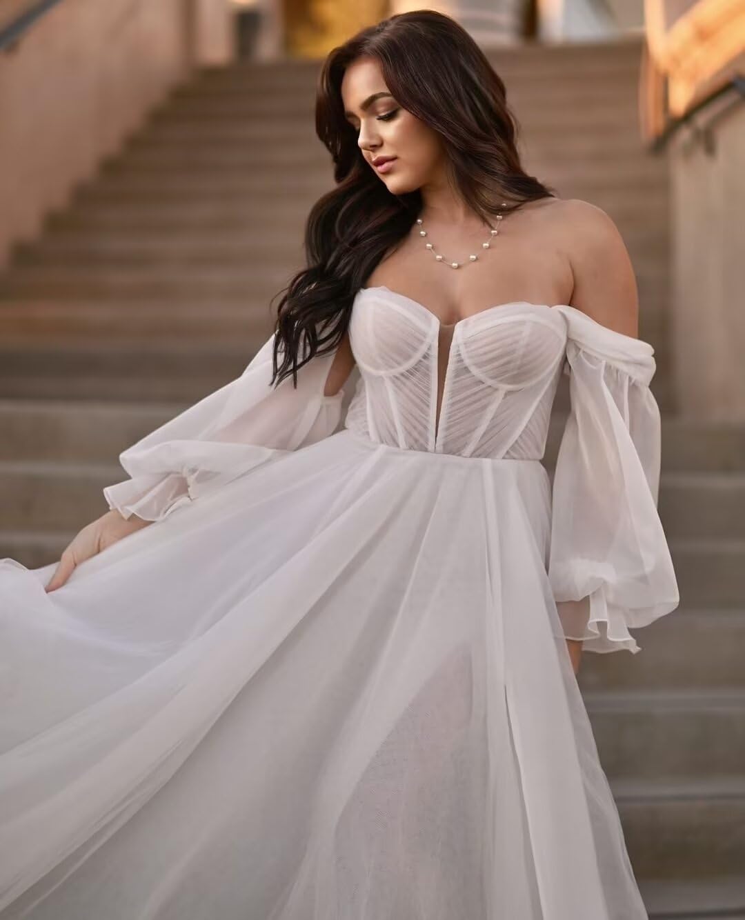 Elegant Detachable Sleeves Wedding Dress for Bride - Long Sweetheart Prom Gown with Tulle Skirt & Thigh High Slit | Perfect for Beach Weddings, Formal Events & Special Occasions