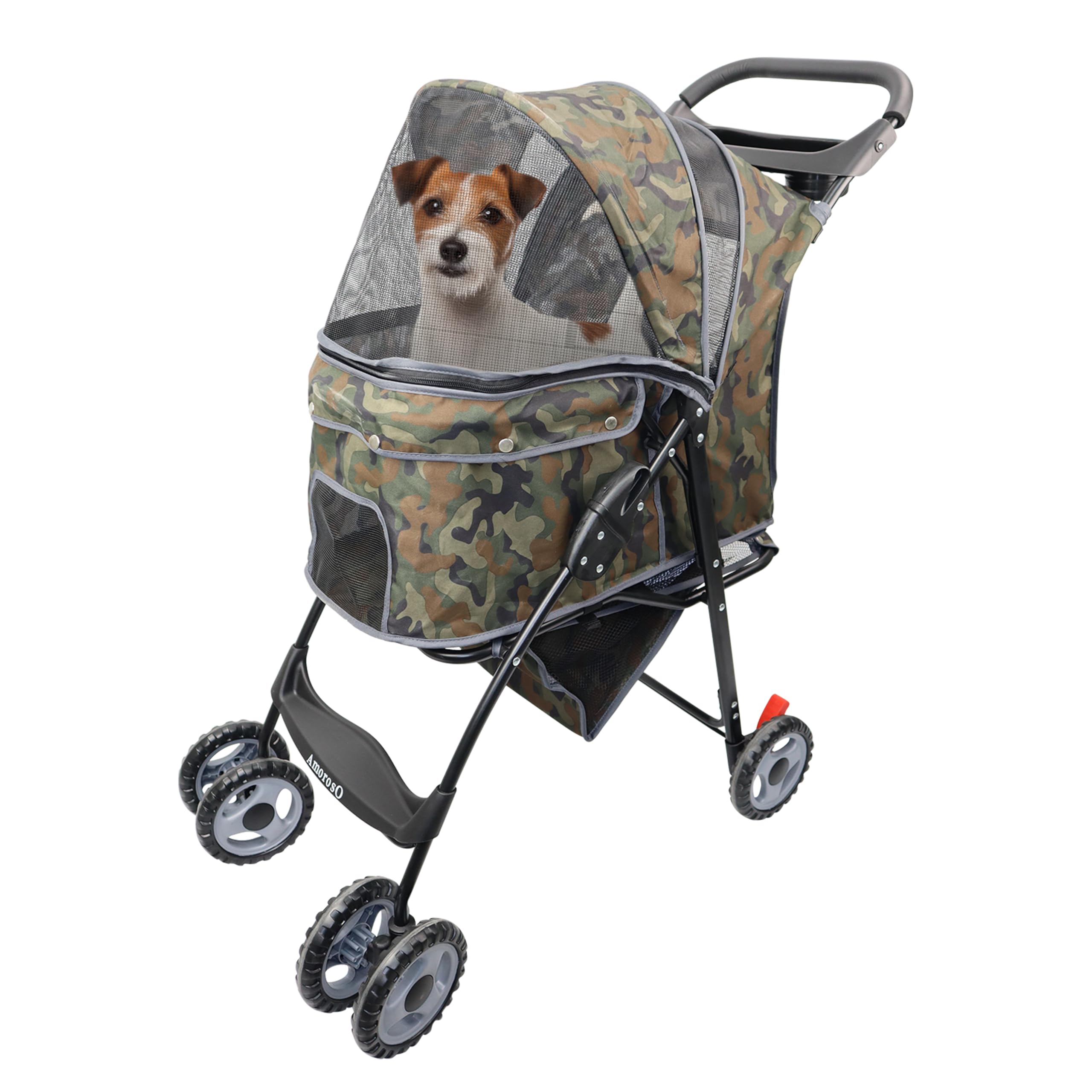 AmorosO 4 Wheel Pet Stroller for Small & Medium Dogs & Cats - Lightweight Foldable Travel Carrier with Waterproof Cover & Storage Basket - Perfect for Jogging, Shopping & Outdoor Adventures