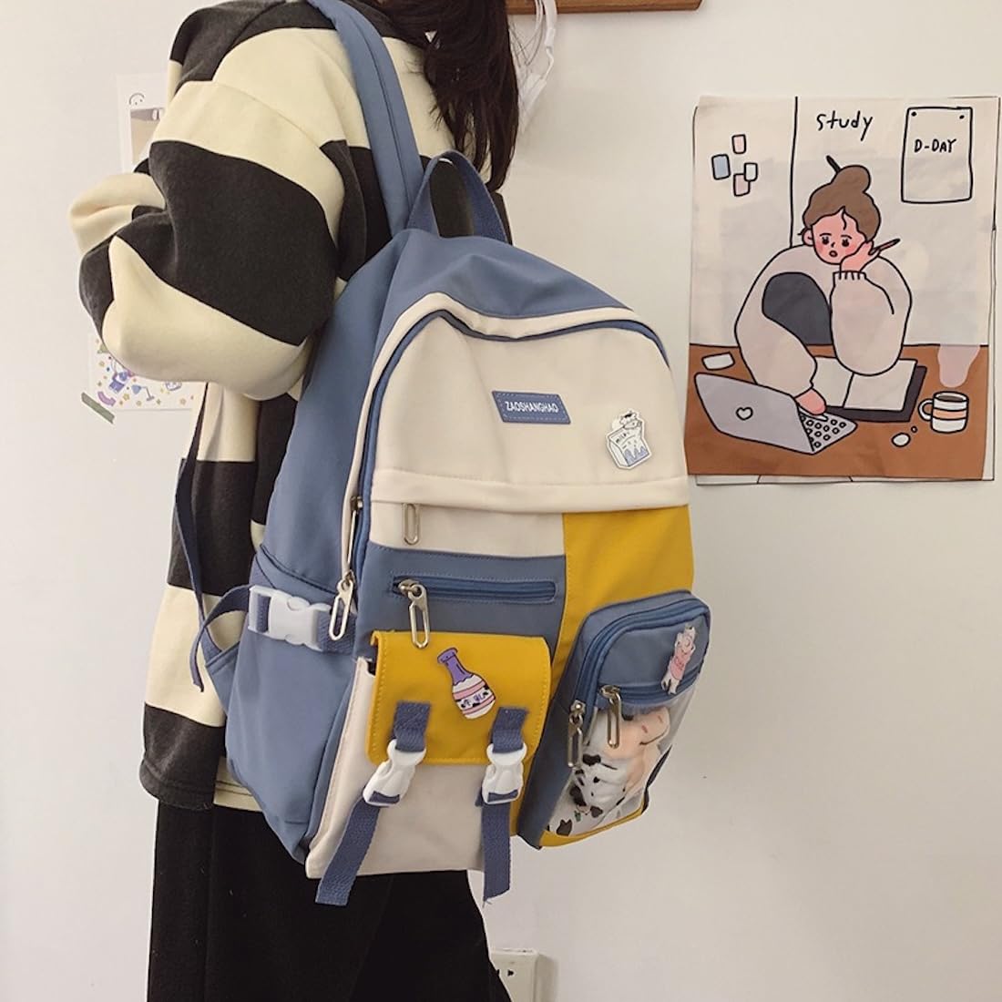 Selena Kawaii Backpack with Cow Badges - Cute Y2K Harajuku Itabag for School & Travel (Blue & Yellow, No Accessories) | Perfect for Anime Fans, Cosplay & Kawaii Fashion Lovers