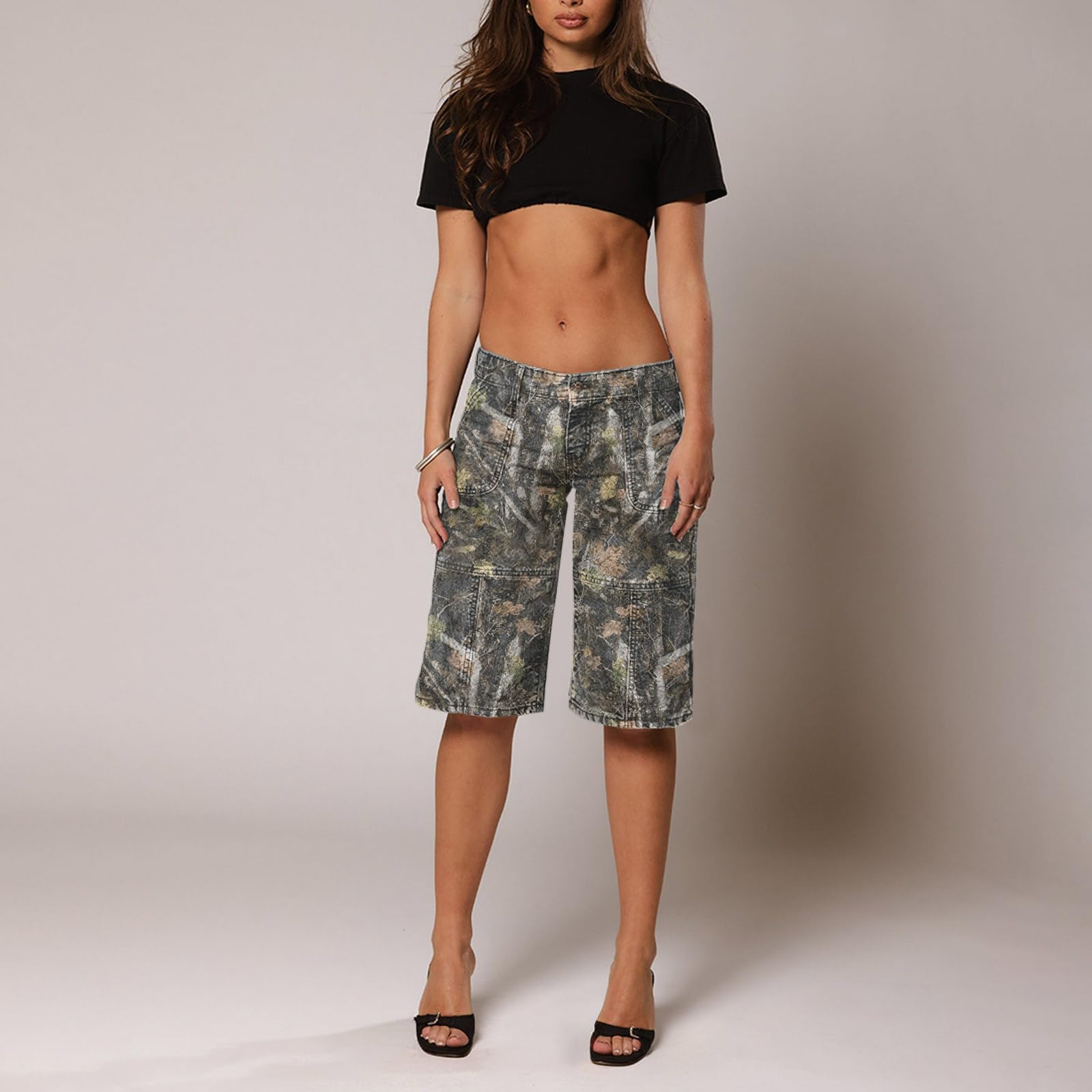 Women's Camo Shorts - Y2K Maple Leaf Print Baggy Jorts, Casual Long Denim Bermuda Shorts with Pockets | Perfect for Hiking, Streetwear & Summer Outfits