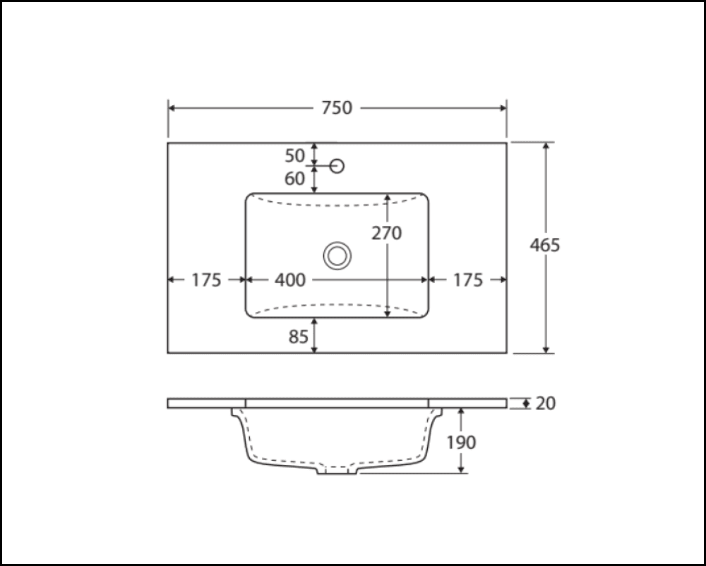 Fienza SC75ZBKR 750mm Crystal Pure Undermount Stone Top Vanity Unit with Fingerpull Satin Black Finish, Right Drawers & Kickboard - Perfect for Modern Bathroom Renovations and Small Space Designs