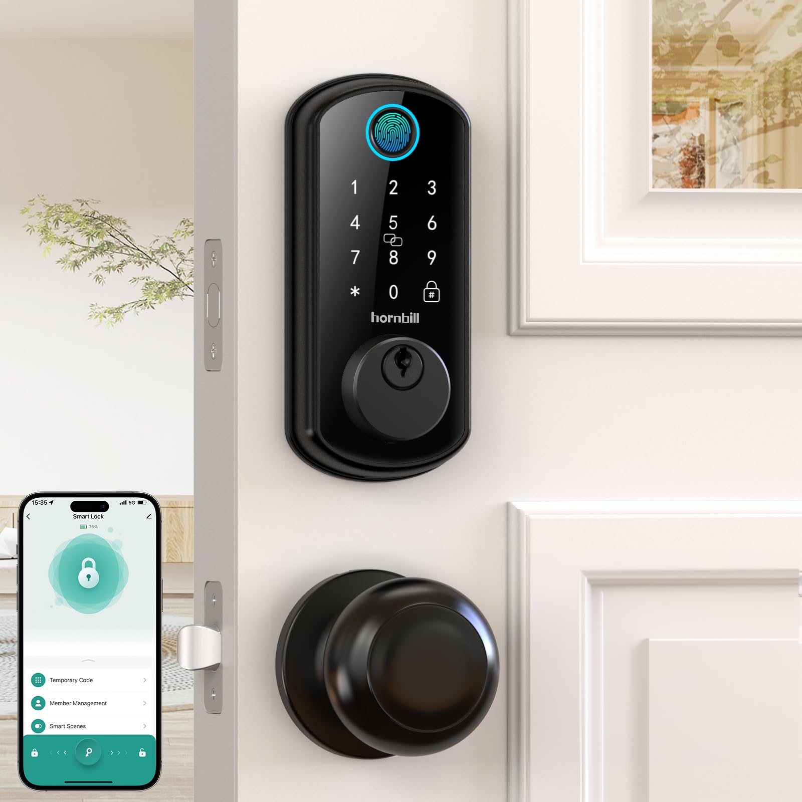 Hornbill Smart WiFi Door Lock - Keyless Entry Fingerprint Deadbolt with Handle Set, Bluetooth Remote, Alexa Compatible, Auto Lock for Home & Hotel Security (Black) - Perfect for Front Door, Vacation Rentals & Airbnb