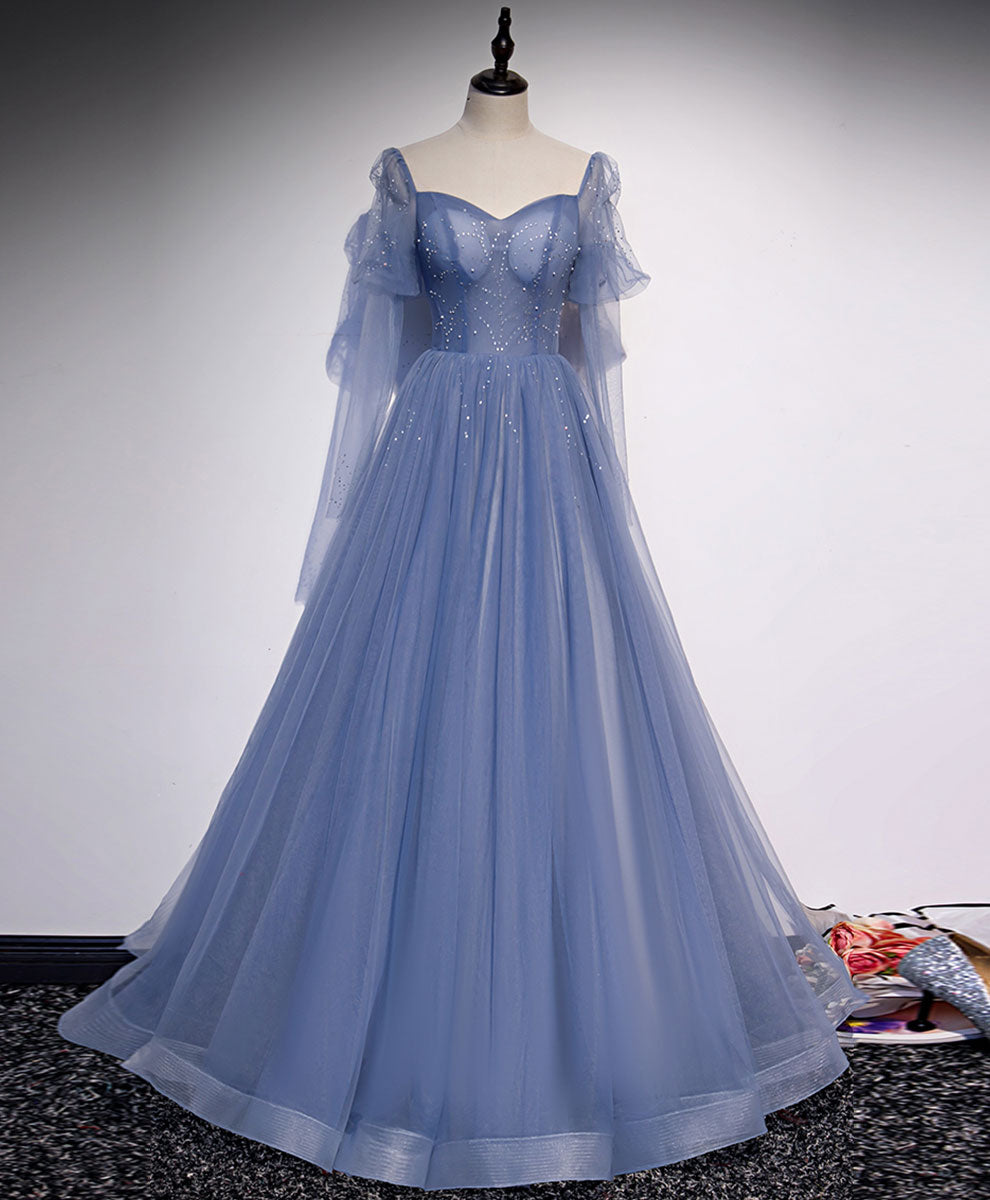 Elegant A-Line Blue Long Prom Dress with Beading - Formal Graduation Gown for Women - Perfect for Homecoming, Prom Night & Special Occasions