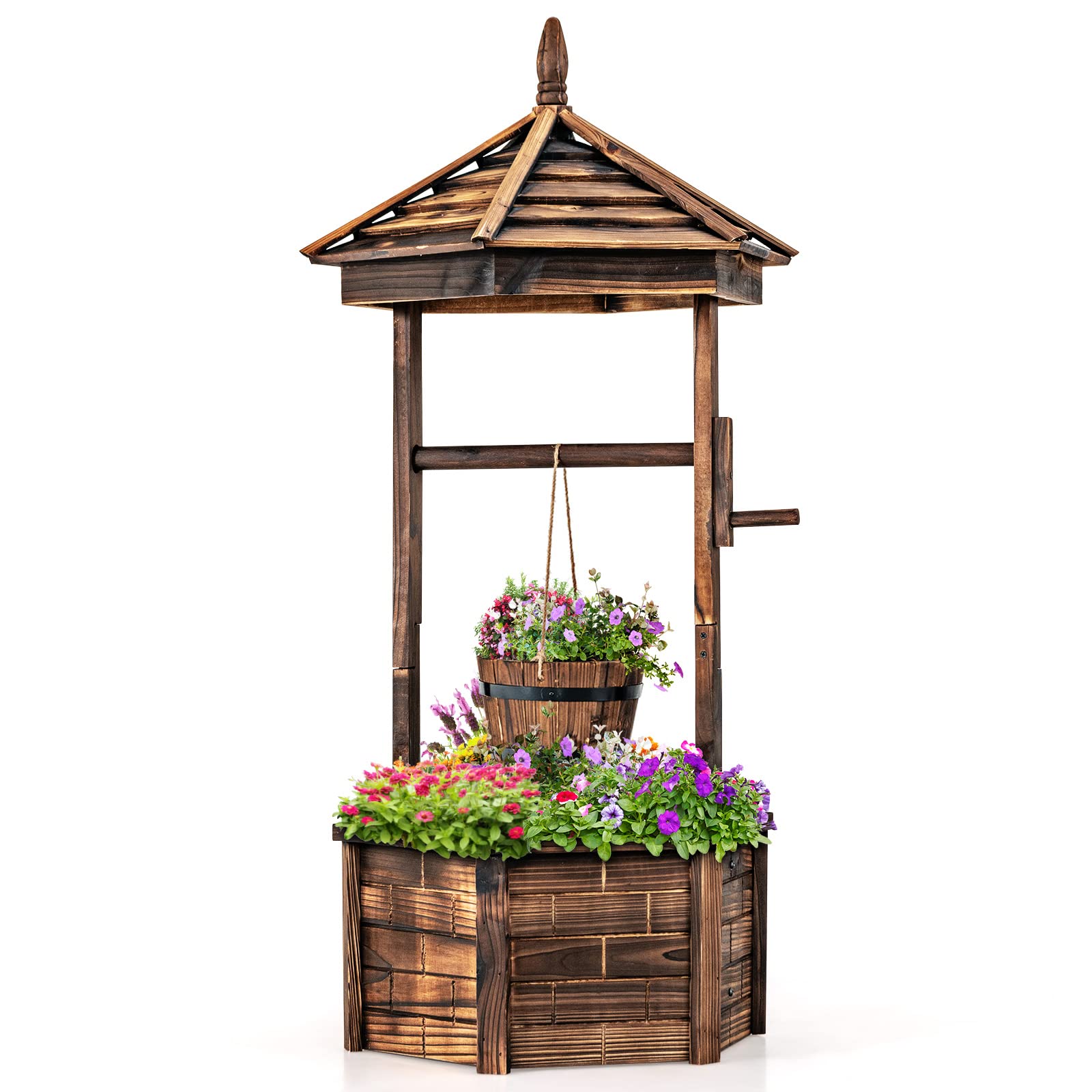 Giantex Rustic Wooden Wishing Well Planter with Hanging Bucket & Roof - Outdoor Garden Decor for Backyard, Patio, Lawn - Perfect for Flowers, Plants, and Countryside Landscaping