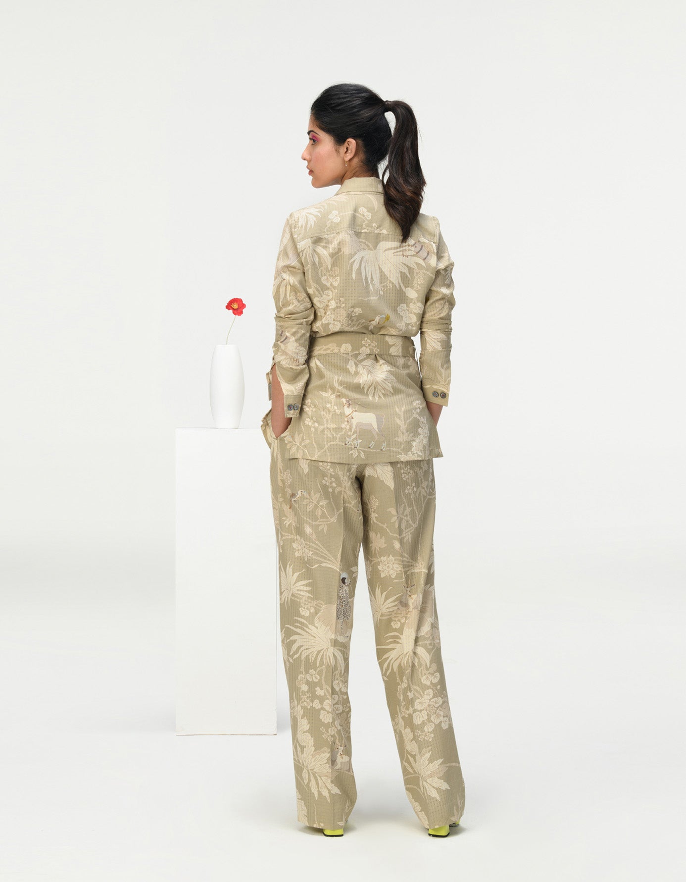 Single Pleated Trousers for Women - Cotton Silk Blend Checkered Pattern in Oyster Grey | Office Wear & Casual Chic Outfits