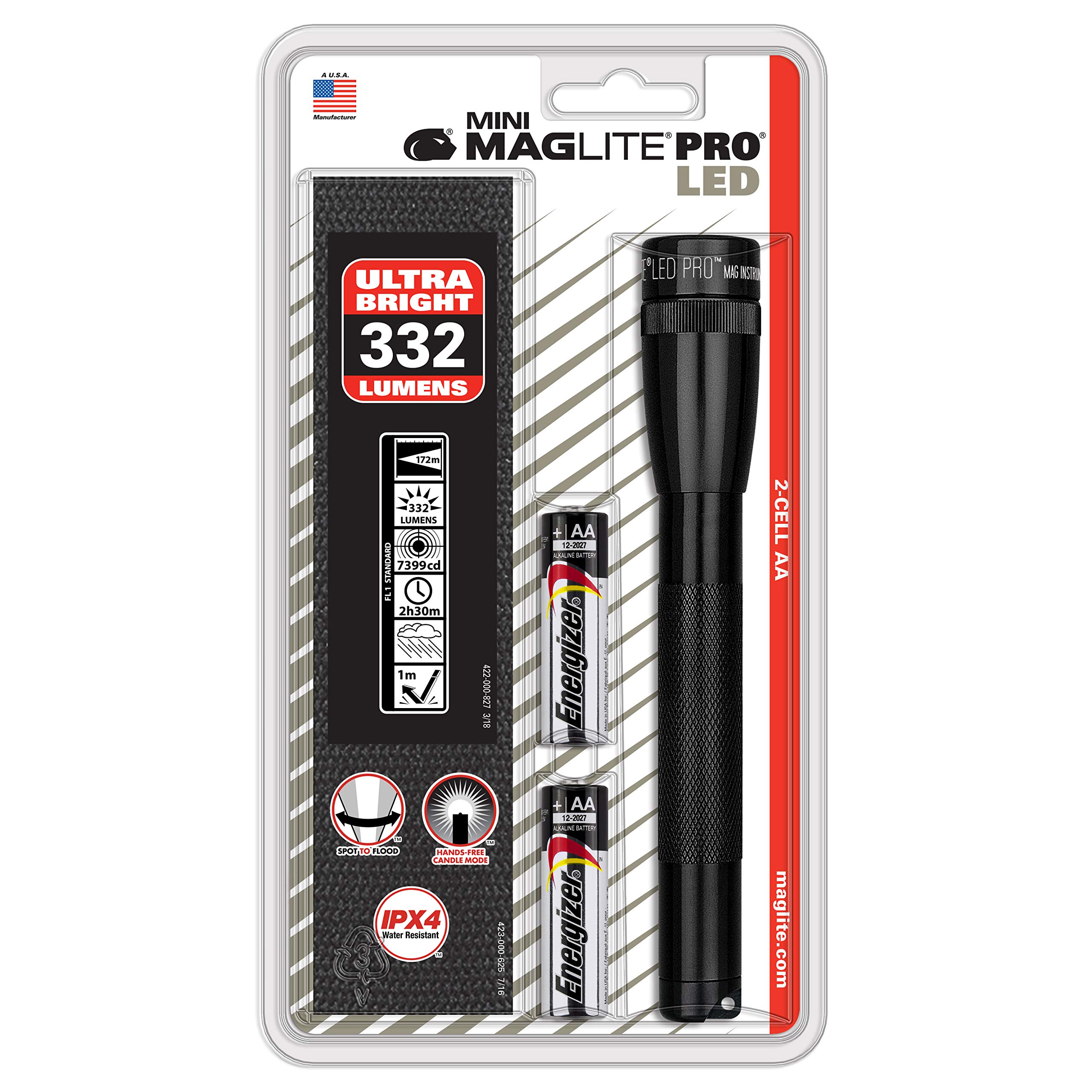 MagLite Mini LED PRO Flashlight - Ultra Bright 332 Lumens, Adjustable Focus Beam, Water-Resistant IPX4, Shock Resistant, 2 Power Modes with 2 AA Batteries - Compact Tactical Flashlight for Camping, Hiking, Emergency & Home Use (Holster Pack, Black)
