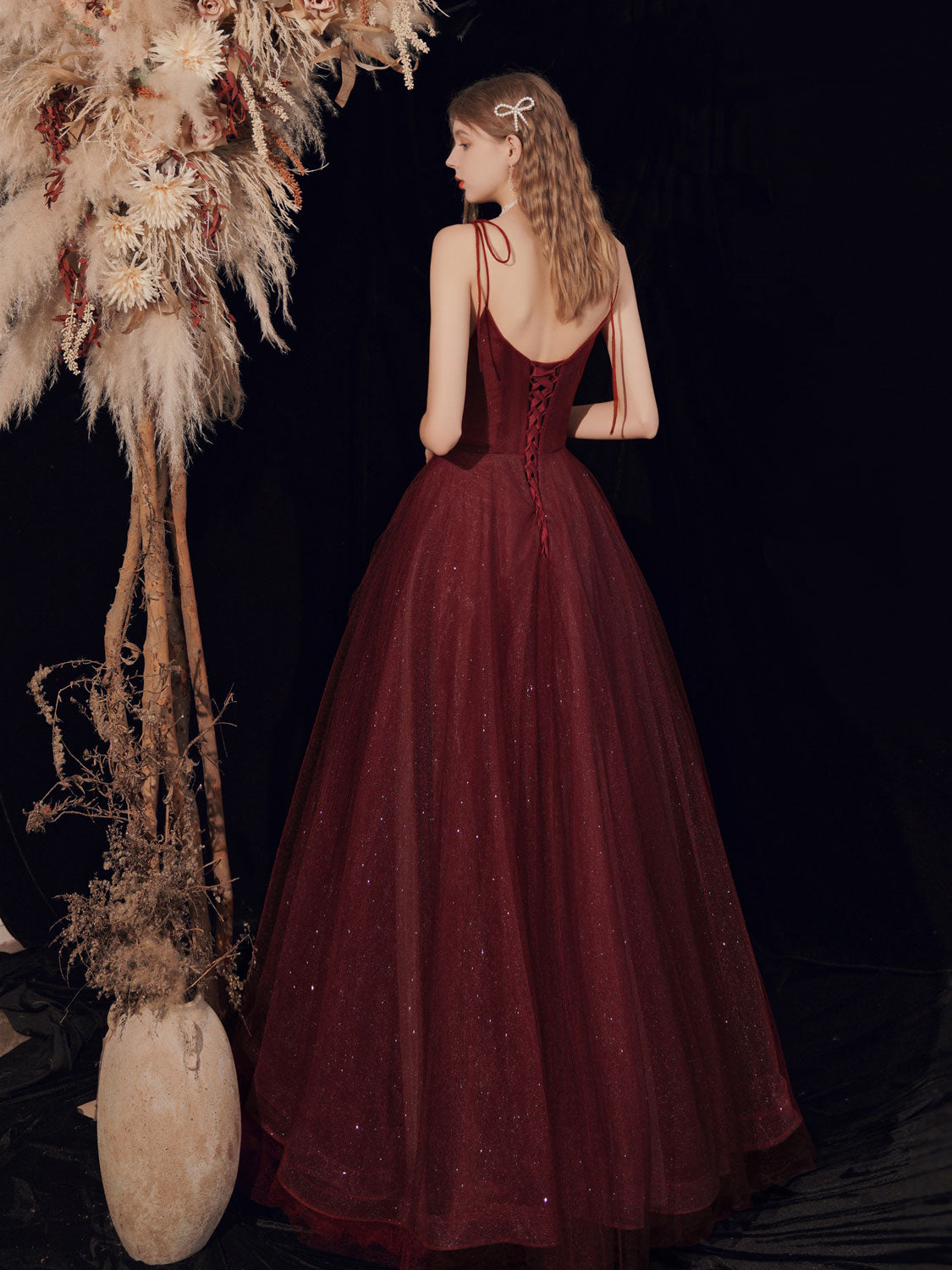 Elegant Burgundy Tulle Sequin Long Prom Dress for Women - Formal Evening Gown for Homecoming, Wedding, Ball & Special Occasions
