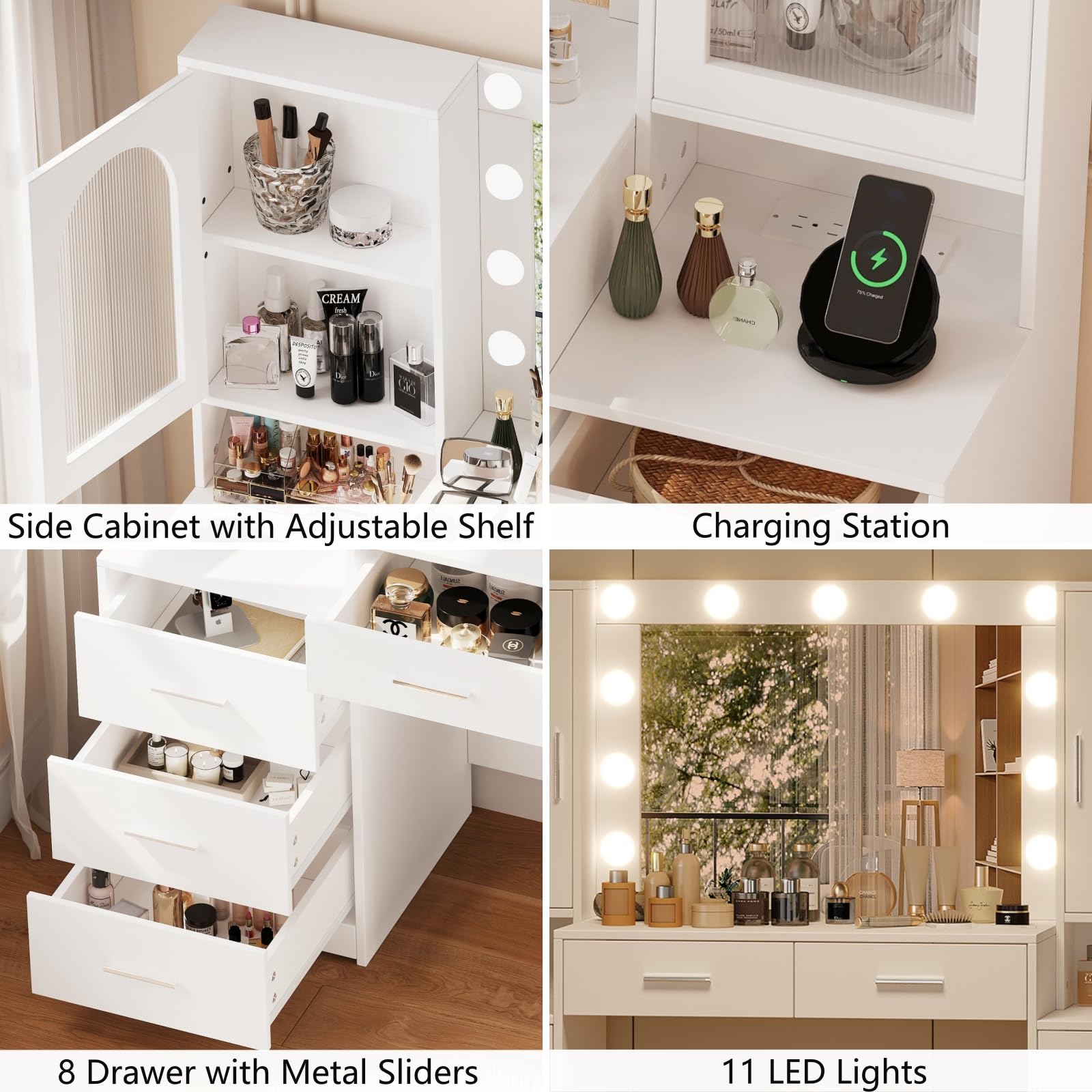 Rovaurx 61.9 Inch White Vanity Desk with LED Mirror & Charging Station - Large Makeup Dressing Table with 8 Drawers, Side Cabinet & 3 Light Modes - Perfect for Bedroom, Dressing Room & Beauty Salon Organization