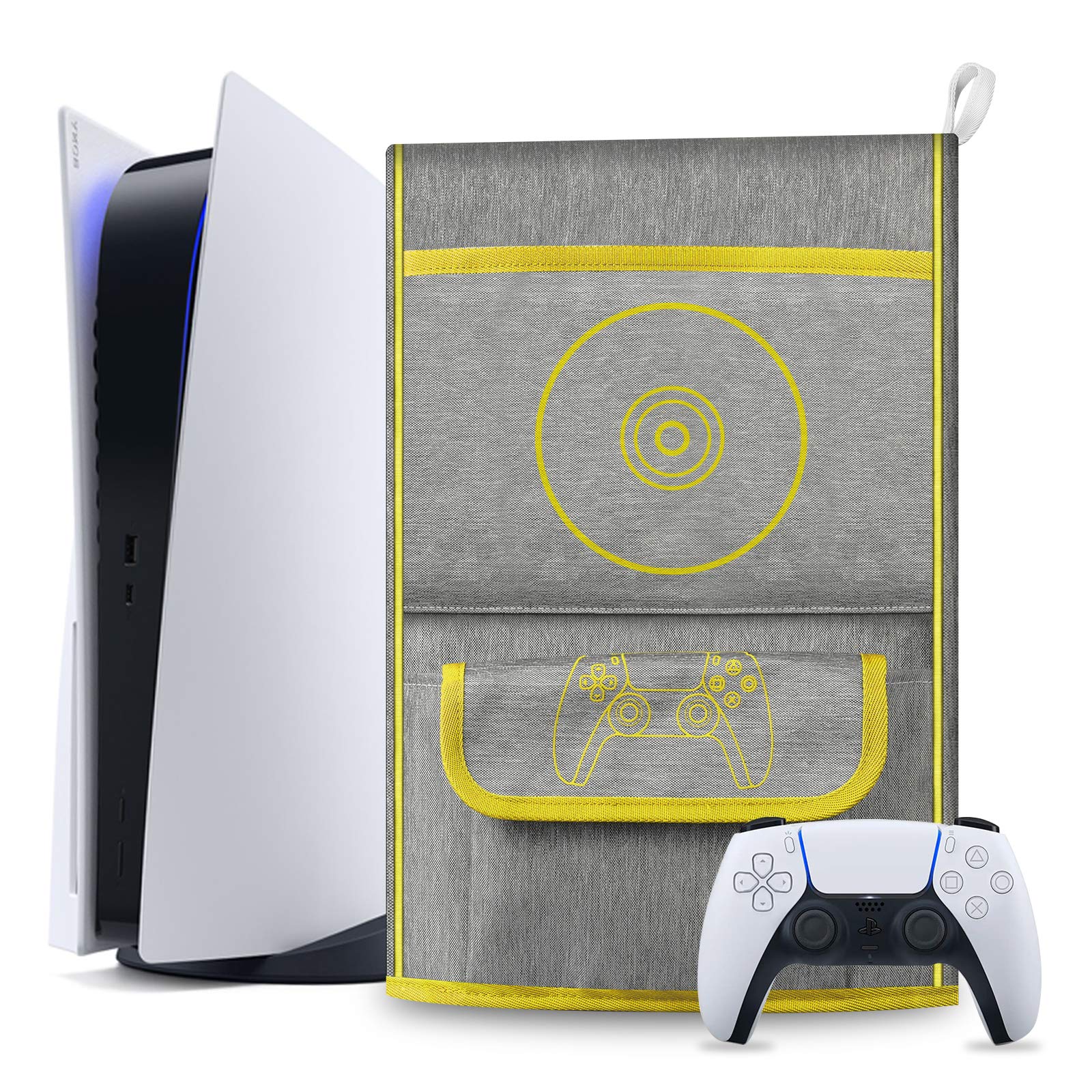 MASiKEN PS5 Controller Cover - Universal Protective Guard with 12 Disc Pockets, Easy Access Cable Port & Soft Velvet Lining - Dustproof Protector for PlayStation 5 (Yellow) - Perfect for Gaming Sessions & Console Storage