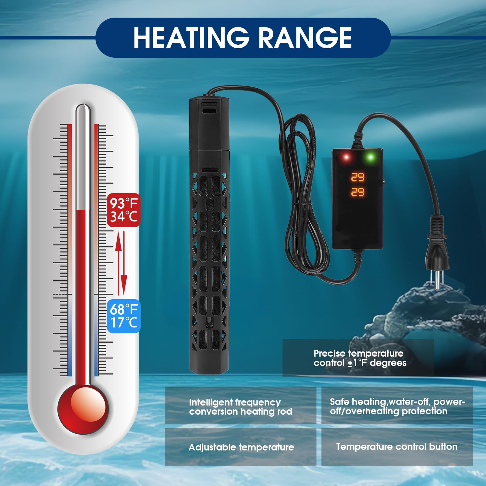 1000W Submersible Aquarium Heater with Intelligent Frequency Conversion - Over-Temperature Protection & Auto Power-Off | Reliable Fish Tank Heater for Freshwater/Saltwater Tanks | Perfect for Tropical Fish, Marine Life & Home Aquariums
