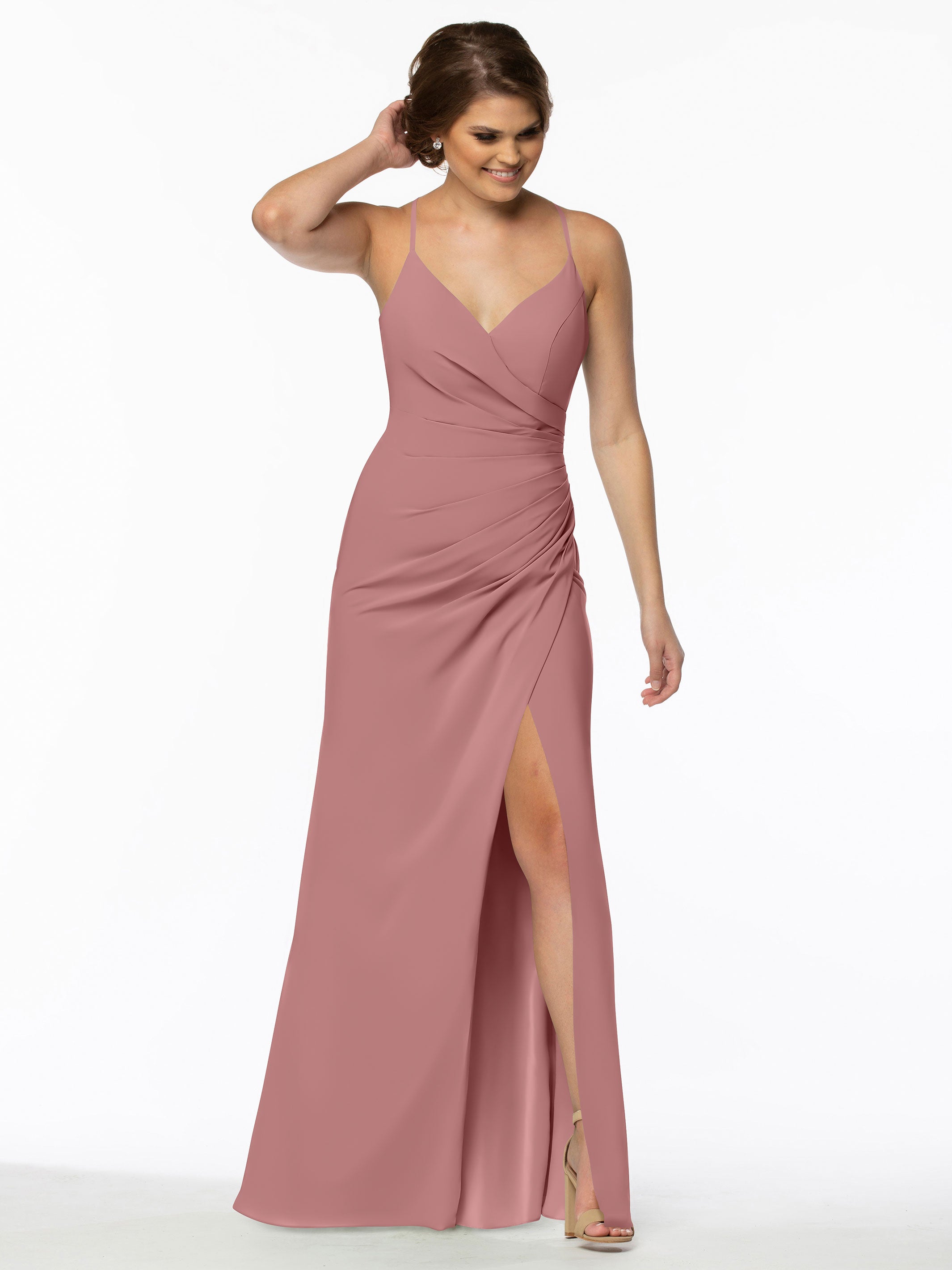 Elegant 80114 Stretch Chiffon Sheath Bridesmaid Dress with Ruching and High Slit - Perfect for Weddings, Formal Events & Evening Parties