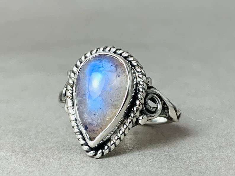 Natural Moonstone Ring - Sterling Silver Blue Fire Pear Rainbow Moonstone Jewelry - June Birthstone & Promise Ring for Women - Perfect for Gifts, Weddings & Everyday Wear (Size N 1/2)