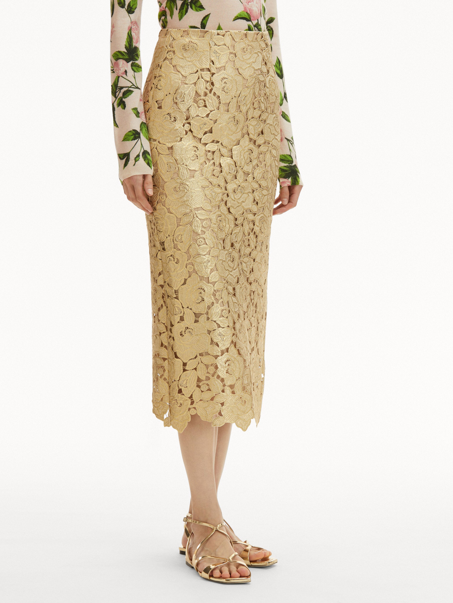 Elegant Gold Foil Rose Guipure Lace Skirt for Women - Perfect for Weddings, Parties & Special Occasions