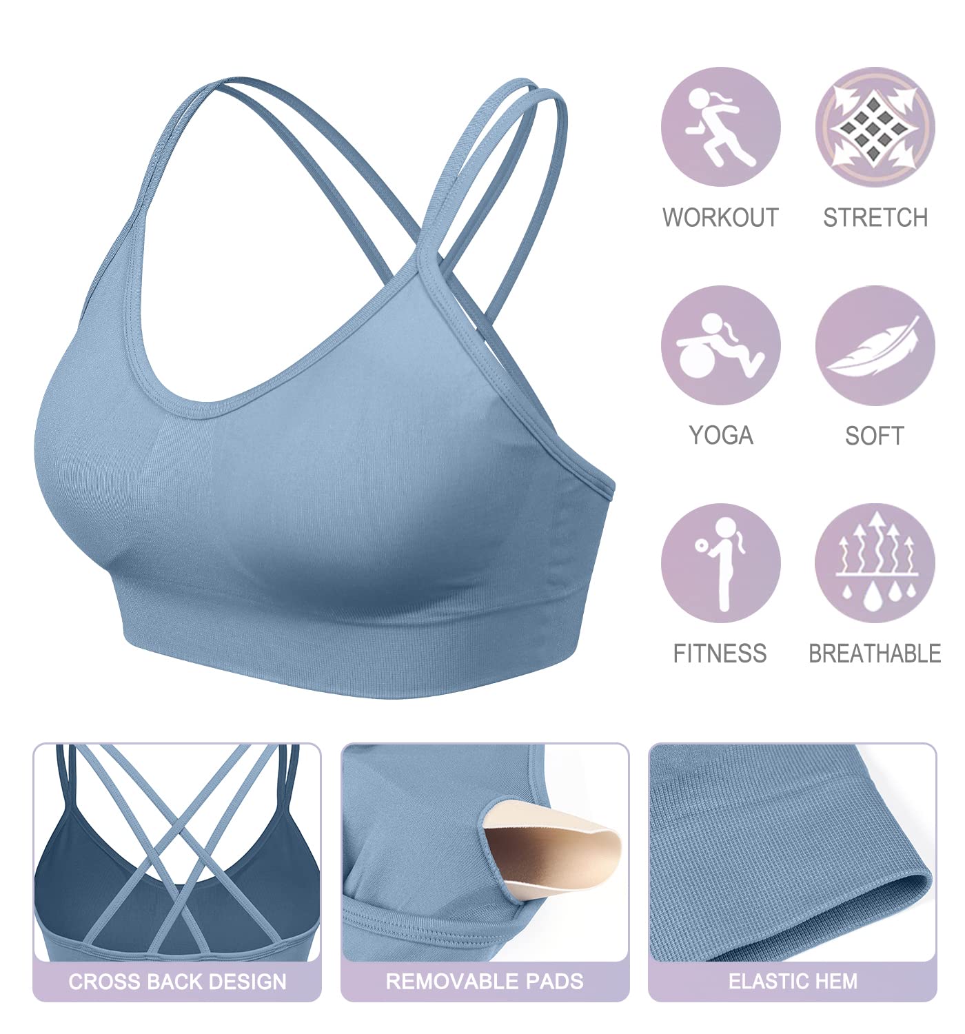 VEQKING Women's Cross Back Sports Bra - Medium Support Padded Yoga Bra 3 Pack for Workout, Fitness, Running & Gym - Breathable Strappy Design for Active Lifestyles