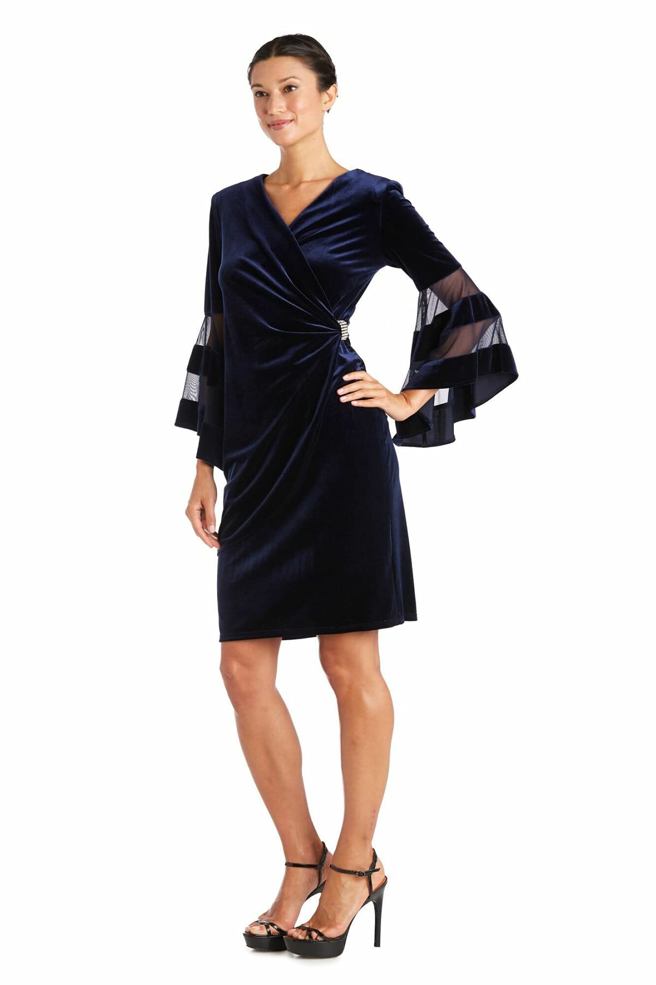 Women's Velvet Wrap Dress with Sheer Trim & Angel Sleeves | Elegant Holiday Party & Cocktail Evening Wear | Dresses for Women