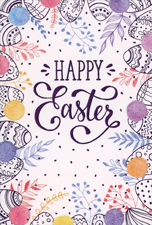 Easter Card with Black Lined Eggs & Glitter Circles - Holiday Greetings