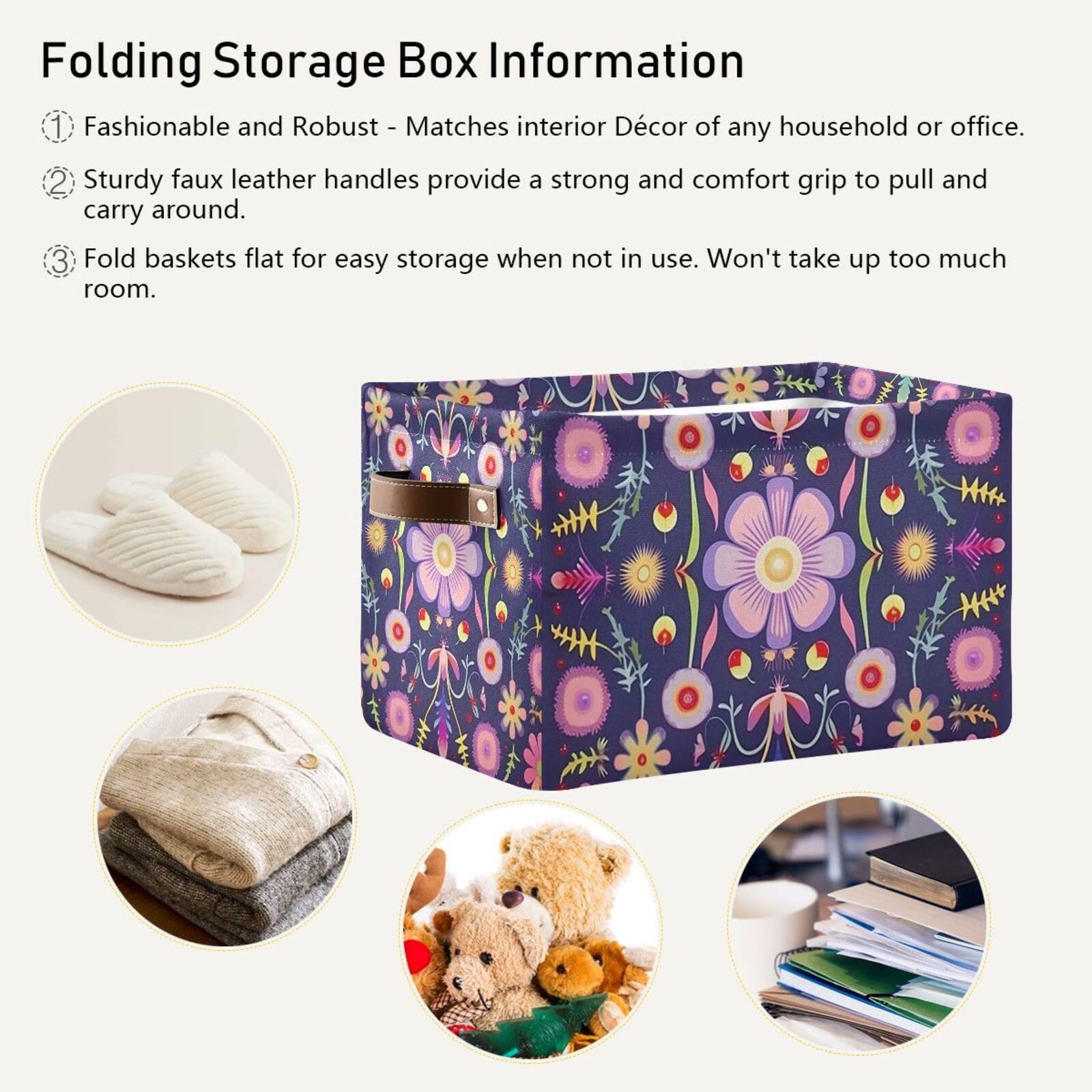 Foldable Canvas Storage Baskets with Handles - 2 Pack Rectangle Fabric Organizer Boxes with Floral Pattern for Home, Office & Closet Organization | Perfect for Clothes, Toys & Shelf Decor