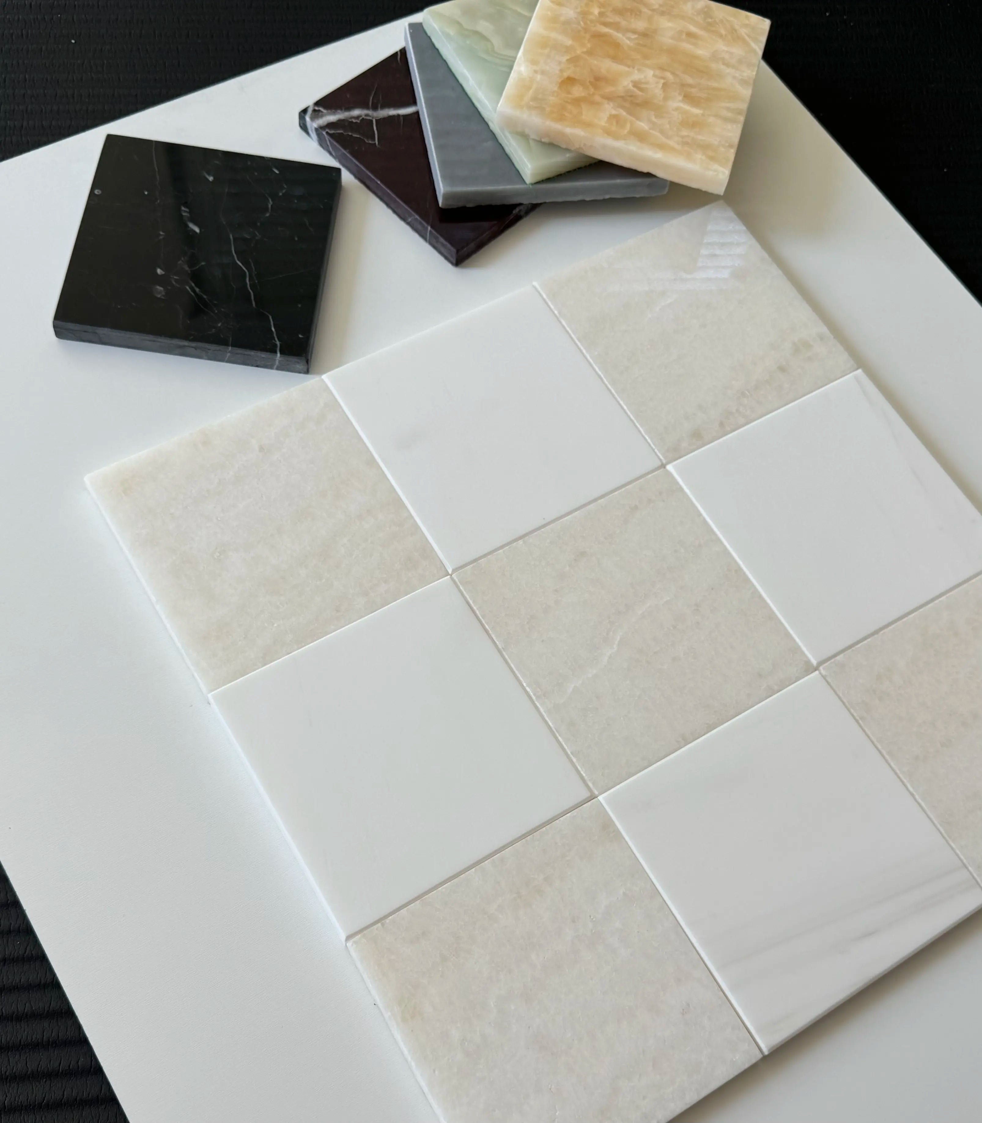 Polished White Onyx Bianco Dolomite Checkerboard Tile - Premium Marble Flooring for Bathroom, Kitchen & Luxury Home Decor
