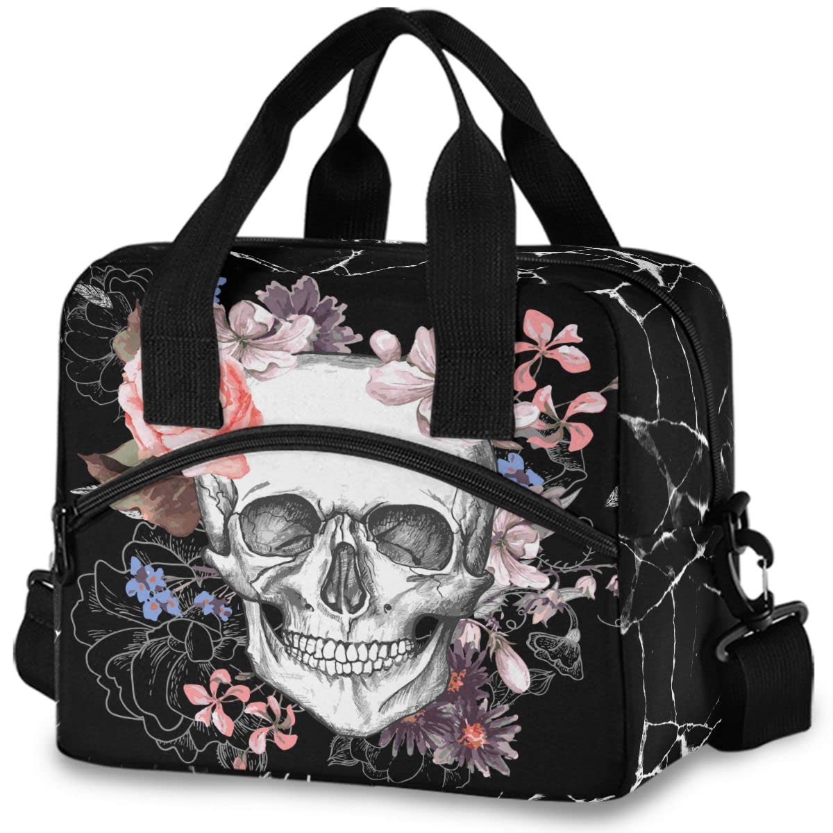 MNSRUU Insulated Lunch Bag with Skull & Floral Design - Reusable Leakproof Lunch Tote for Women & Men - Perfect for Work, School, Picnics & Outdoor Activities