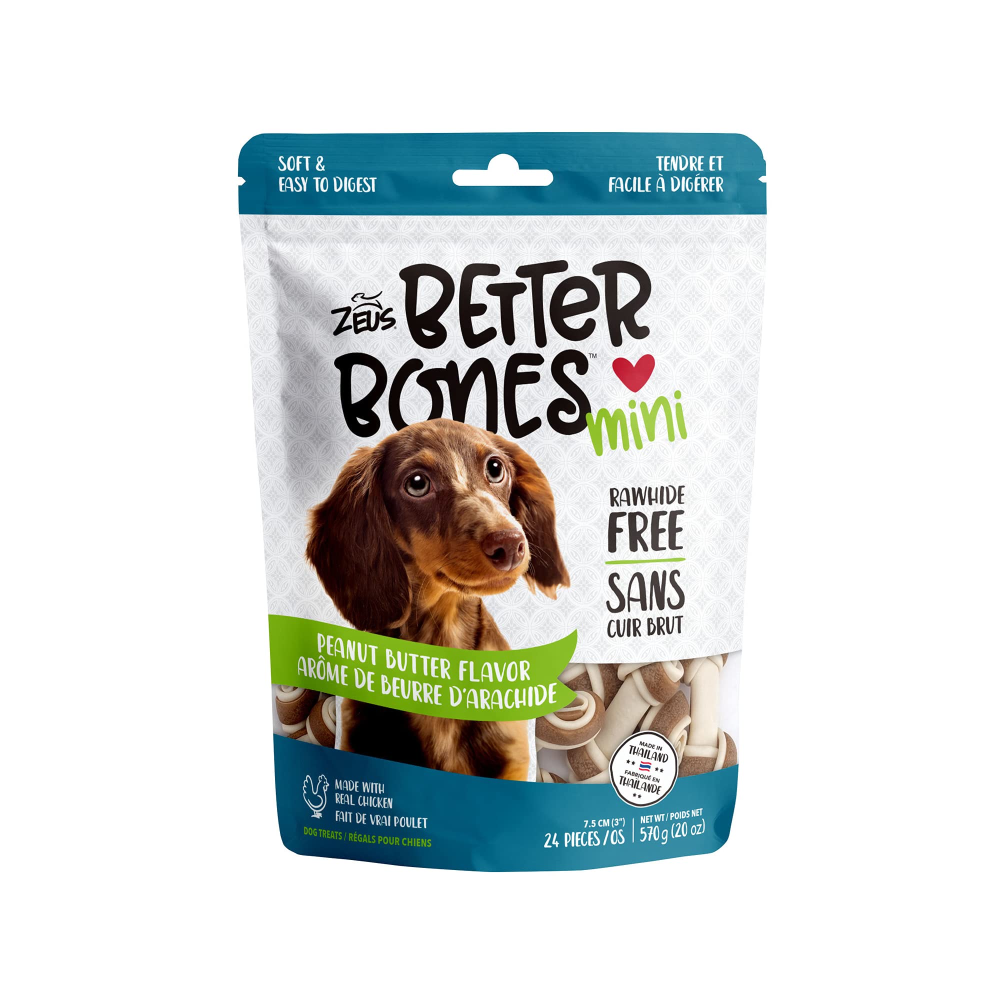 Zeus Better Bones Peanut Butter Flavor Mini Dog Treats - 24 Pack - Healthy Dental Chews for Small & Medium Dogs - Perfect for Training, Rewards & Teeth Cleaning