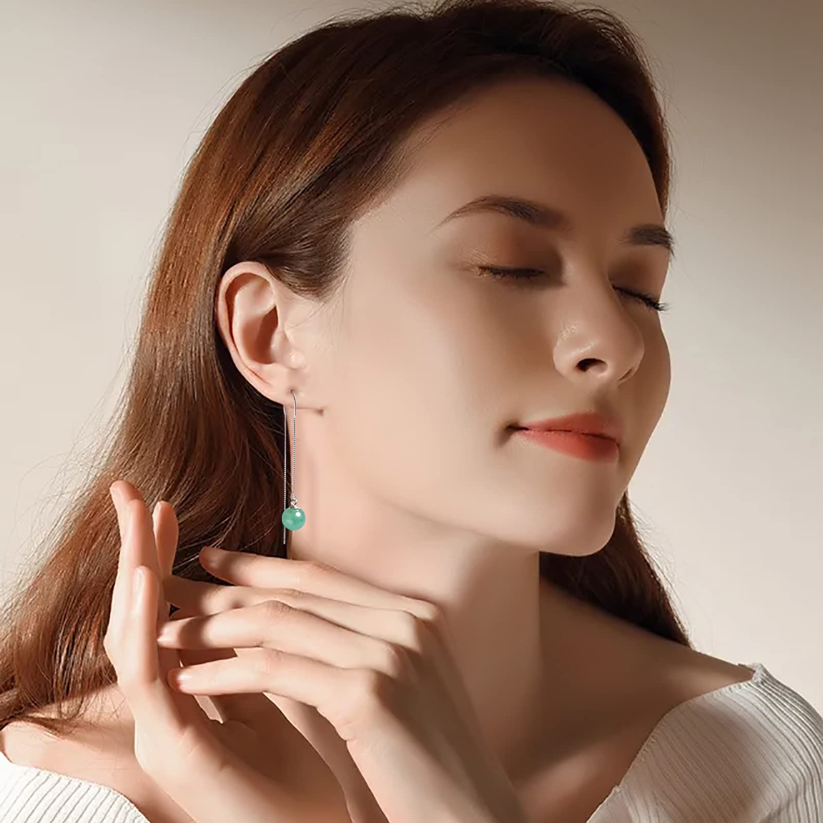 Green Jade Drop Dangle Earrings for Women - Elegant U-Shaped Threader Earrings with Lucky Charm | Perfect Birthday Gift, Back to School Present & August Birthstone Jewelry | Ideal for Weddings, Parties and Everyday Wear