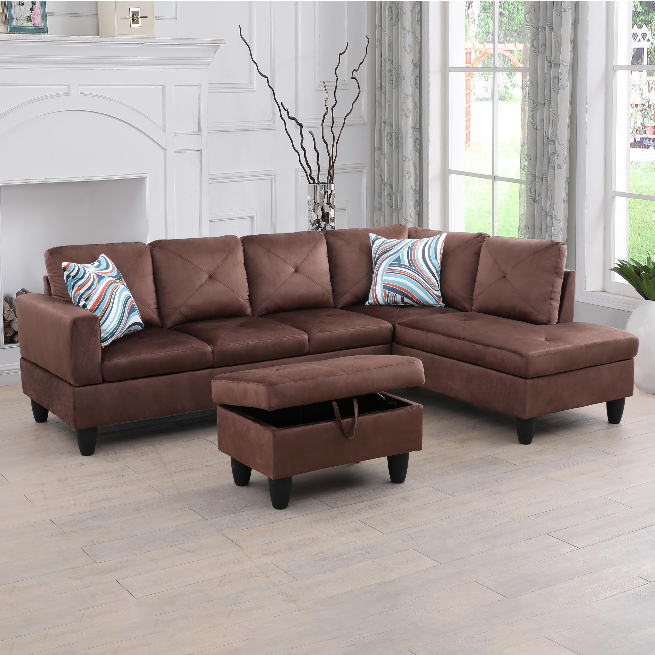 Modern L-Shaped Sectional Sofa with Ottoman - Right Facing Microfiber Couch for Living Room, Bedroom & Office - Comfortable Brown Furniture for Small Spaces & Family Gatherings