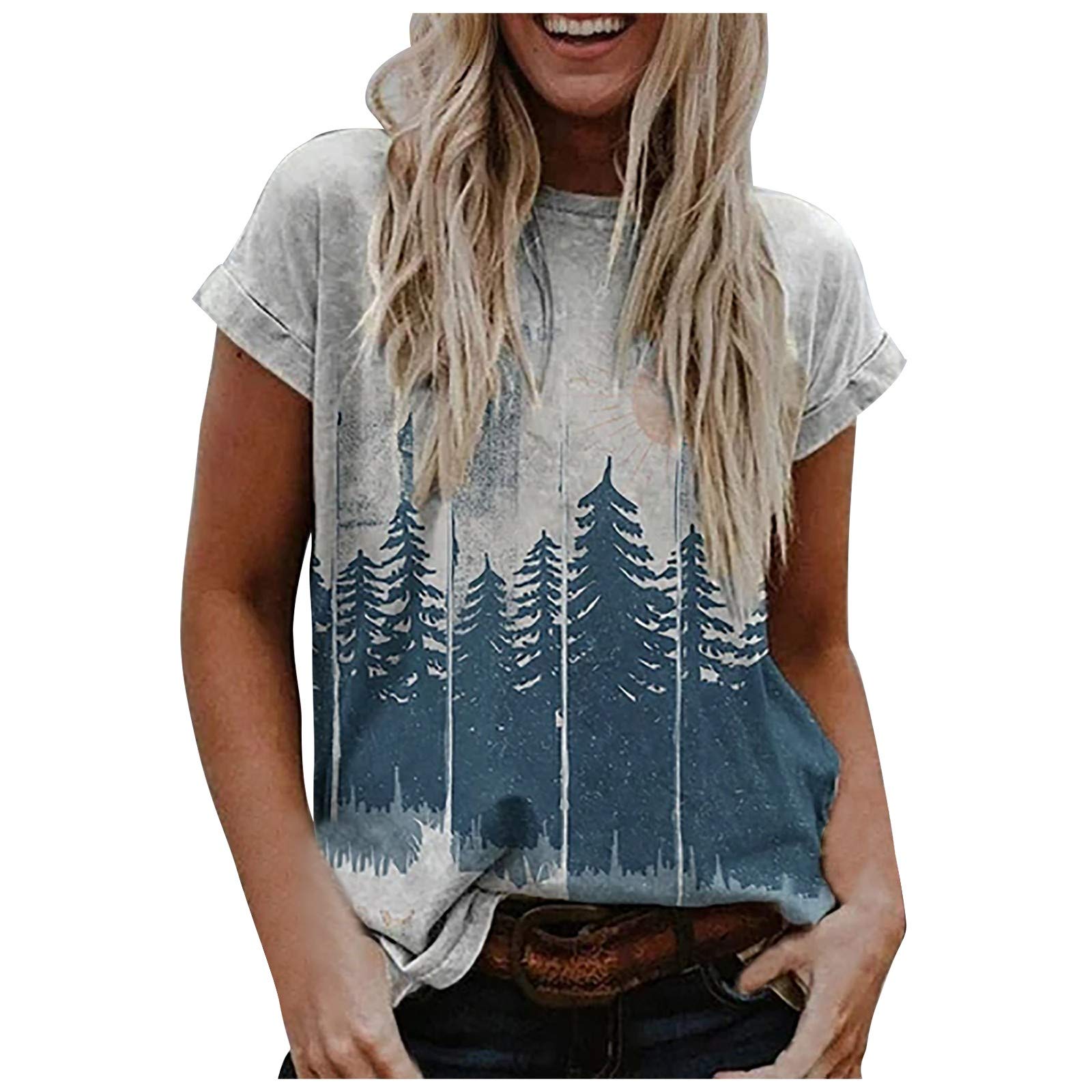 Women's Long Sleeve White Casual Blouse with Landscape Print - O Neck Loose Fit Top for Work, Date Night & Everyday Wear