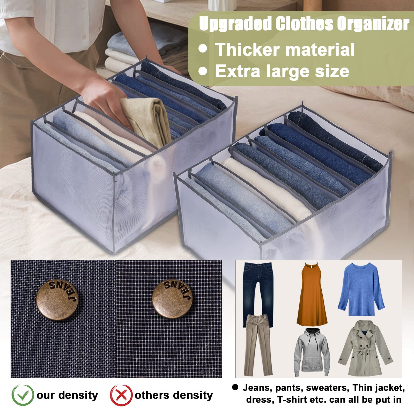 TOOVREN Extra Large 9-Grid Jeans Organizer - Foldable Drawer Closet Storage with Washable Compartments (3-Pack) | Perfect for Denim, Pants & Clothing Organization in Bedroom, Closet or Dorm
