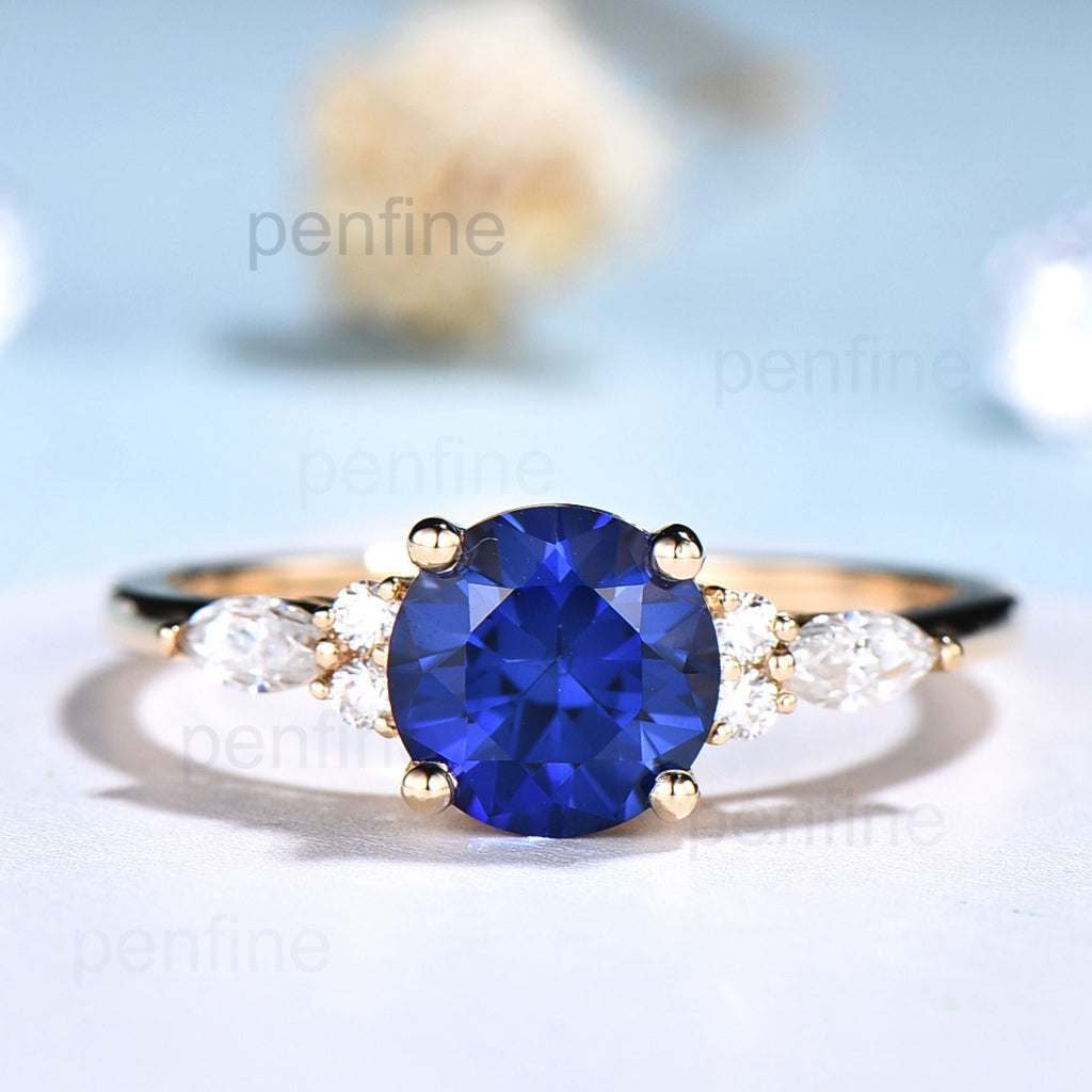 7mm Round Sapphire Diamond Ring for Women - Elegant Blue Gemstone Engagement & Wedding Band - Perfect for Proposals, Anniversaries, and Special Occasions