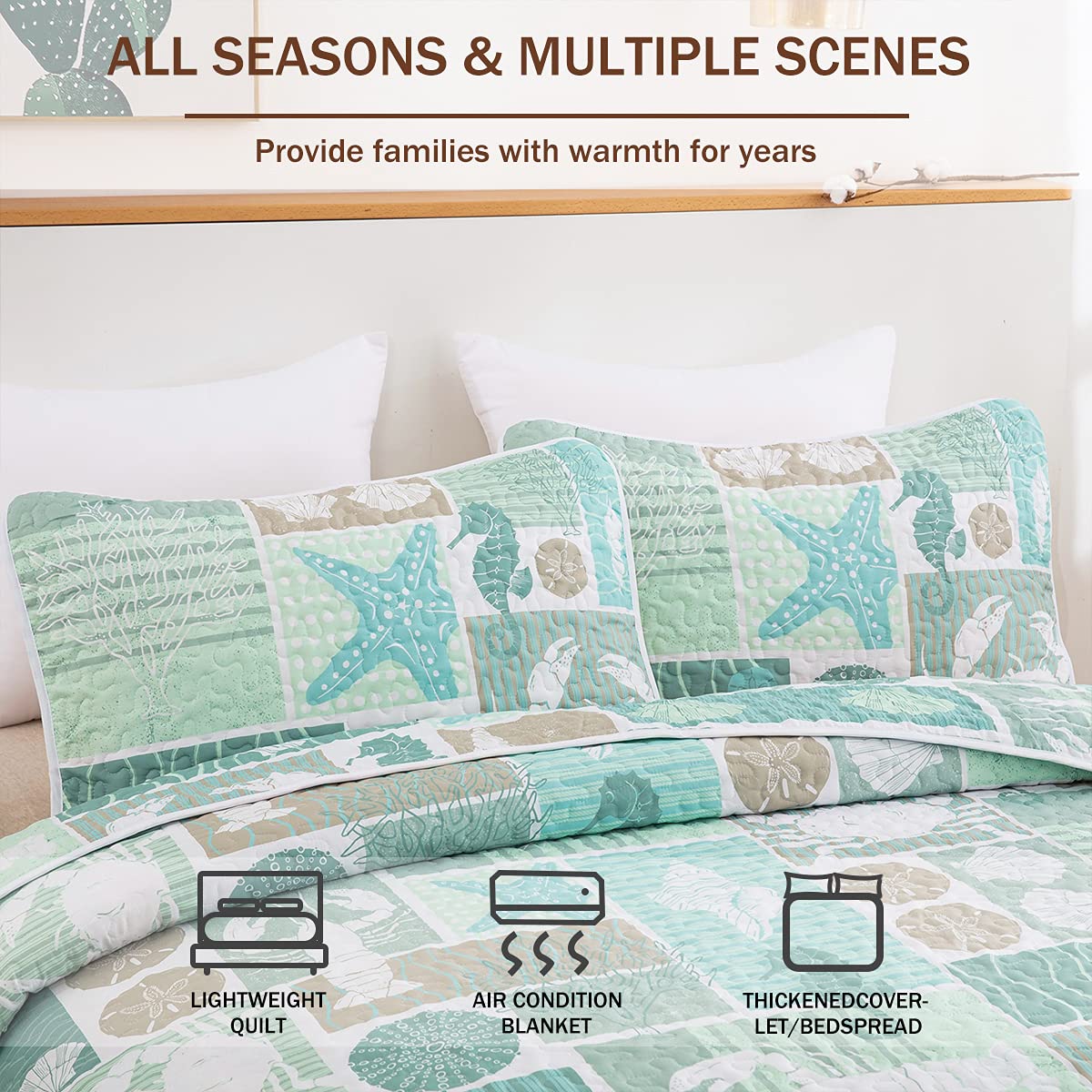 DJY Green Quilt Set Queen Size - Soft Reversible Microfiber Coastal Beach Theme Bedspread with 2 Pillow Shams (3-Piece All Season Bedding, 90x96 Inches) - Perfect for Beach House, Guest Room & Coastal Decor