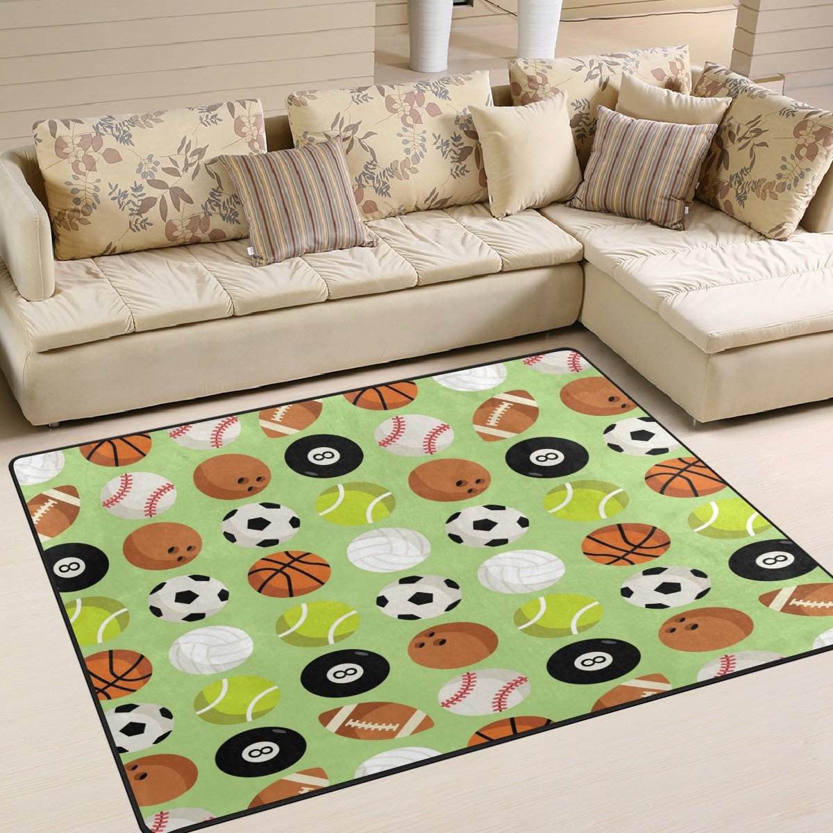 ALAZA Sports Area Rug - Non-Slip Tennis Ball Soccer Basketball Baseball Design for Living Room Bedroom - 5'3