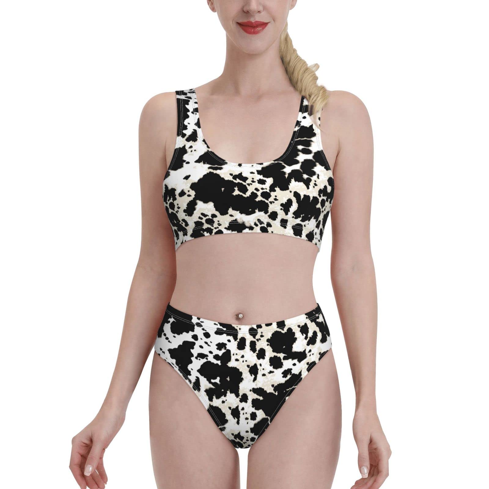 Preler DIY Women's Cow Print Bikini Set - Sporty 2 Piece High Waisted Swimsuit with Tummy Control for Beach, Pool & Summer Vacations