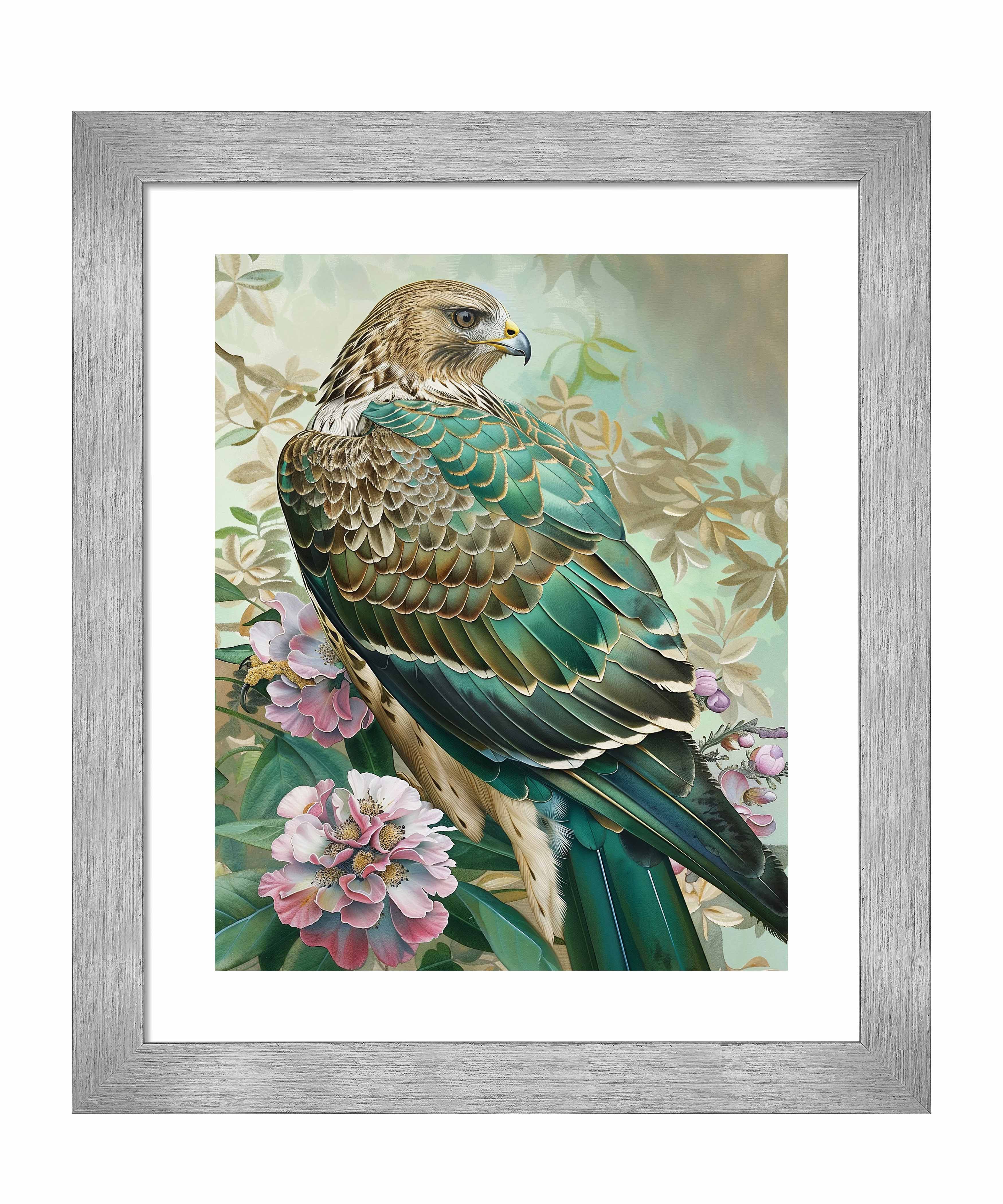 Emerald Majesty Hawk Amidst Blossoms Wall Art Print - Stunning Nature Wildlife Decor for Living Room, Bedroom & Office