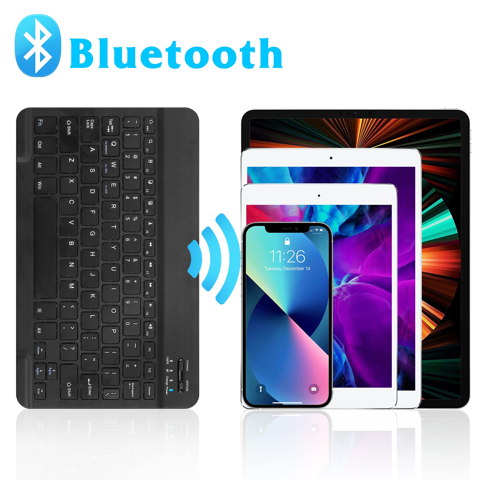 Ultra-Slim Bluetooth Rechargeable Wireless Keyboard - Compatible with Honor V40 Lite, iPad, iPhone, Android Tablets, Smartphones & Windows PC (Onyx Black) - Perfect for Office Work, Home Use & Travel Typing