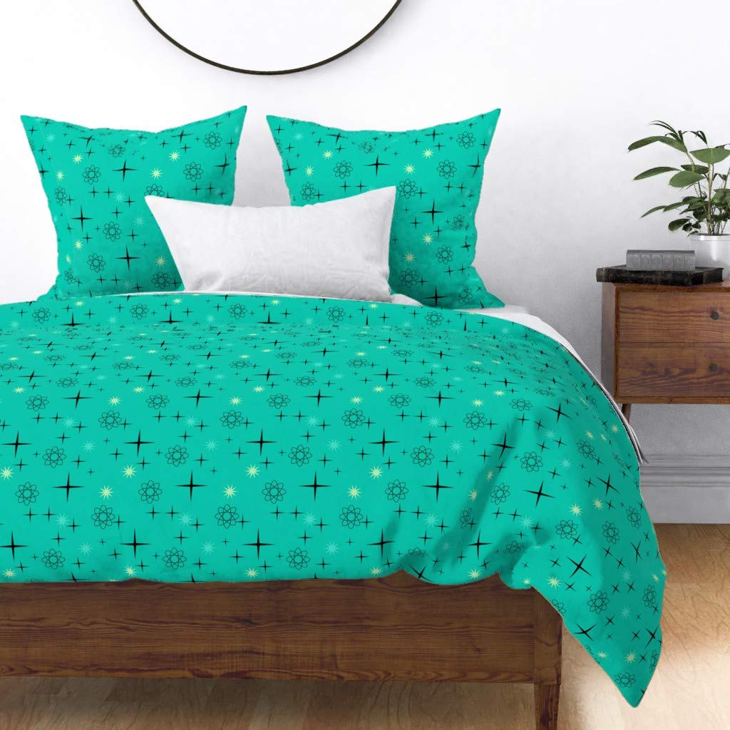 Atomic Turquoise Mid Century Modern Stars Black Teal 1950s Print Cotton Sateen Duvet Cover - King/California King Size | Custom Bedding for Vintage & Retro Home Decor | Perfect for Mid-Century Modern & Boho Chic Bedrooms