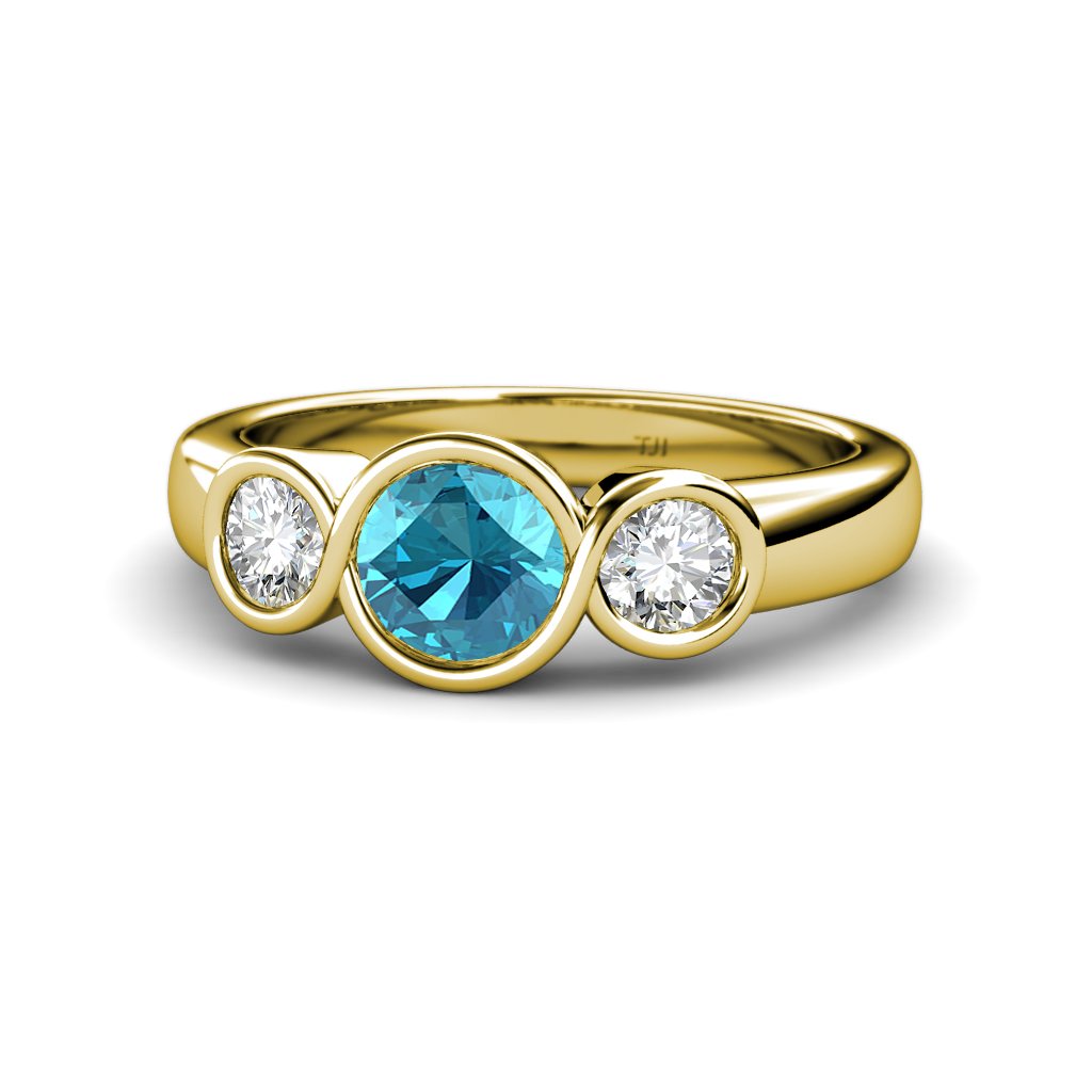 London Blue Topaz & Diamond (SI2, G) Infinity Three Stone Ring - 1.95ct tw in 14K Yellow Gold - Elegant Engagement, Anniversary & Wedding Jewelry Gift for Her
