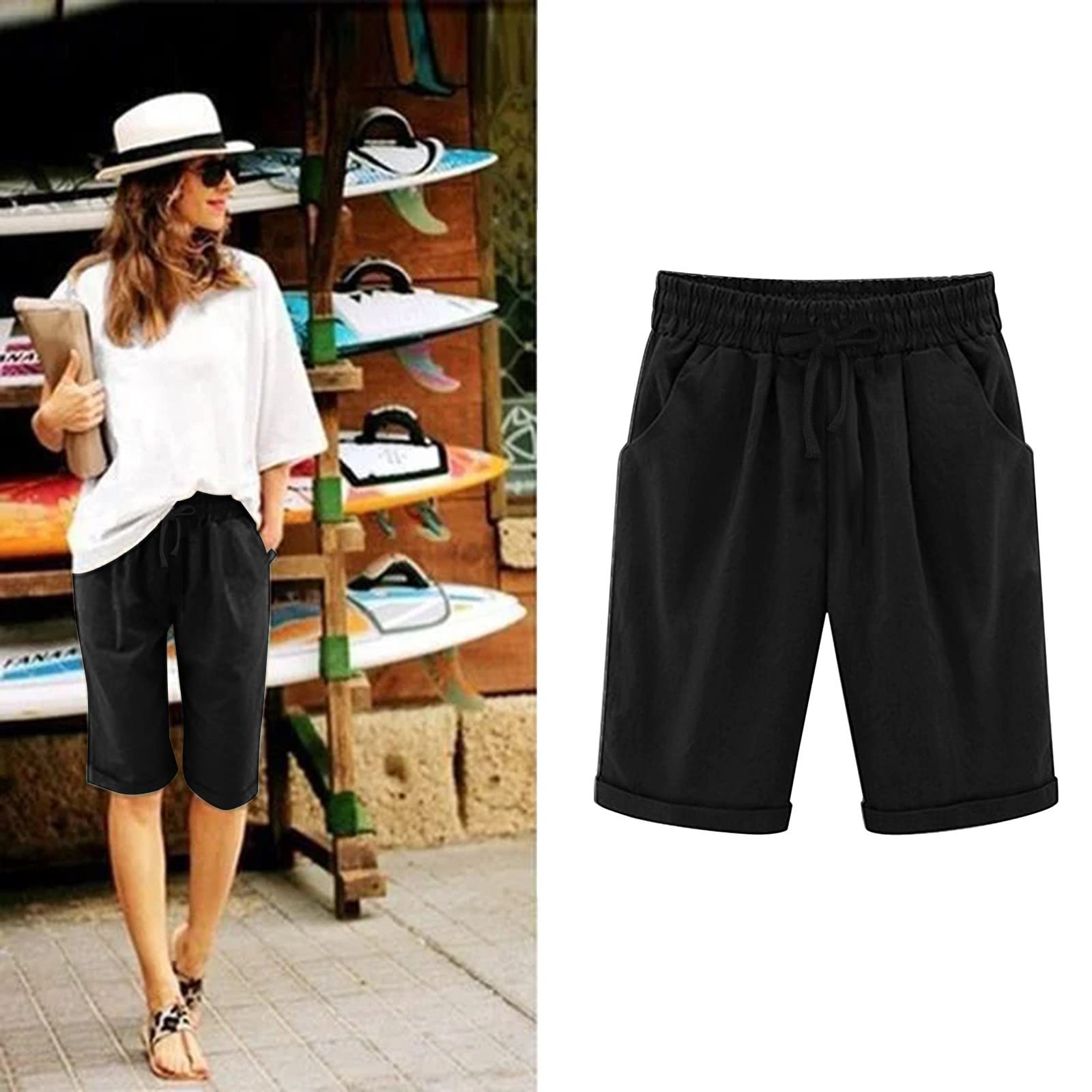 AMDBEL Plus Size Bermuda Cargo Shorts for Women - Comfortable Cotton Yoga Shorts with Pockets for Outdoor & Gym