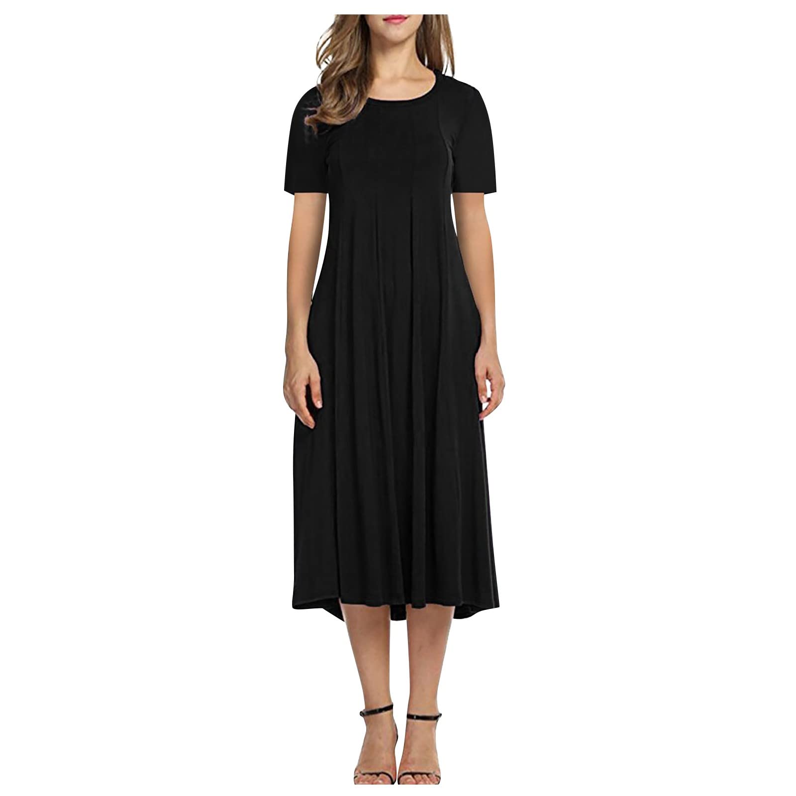 Women's Solid Color Short Sleeve Pleated Midi Dress - Crewneck Casual Loose Beach Sundress for Summer 2024 | Perfect for Vacation, Beach Outings & Everyday Wear