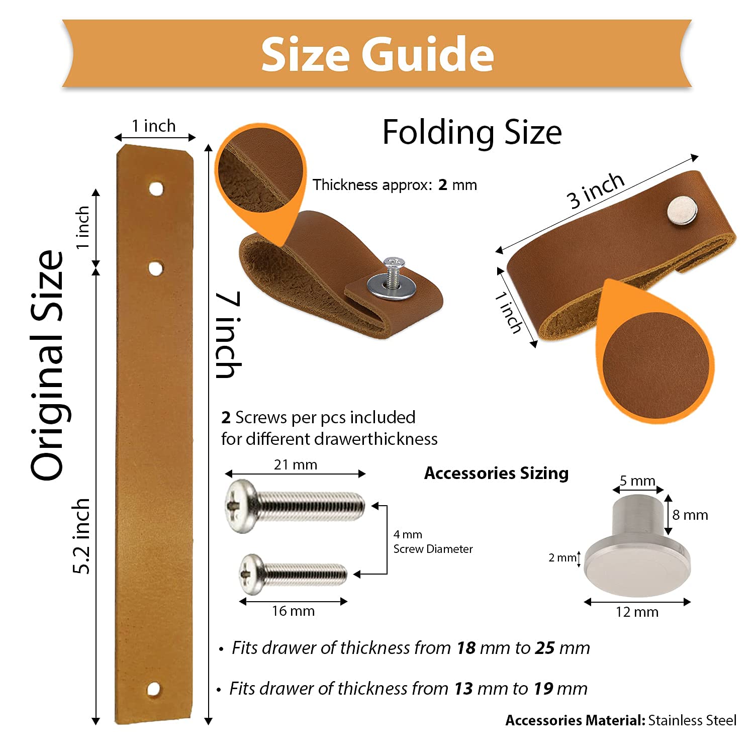 Handmade Pure Leather Drawer Pulls - 8 Pcs Brown Leather Cabinet Knobs & Dresser Handles for Furniture, Doors & Drawers - Perfect for Home Office, Bedroom & Kitchen Cabinetry