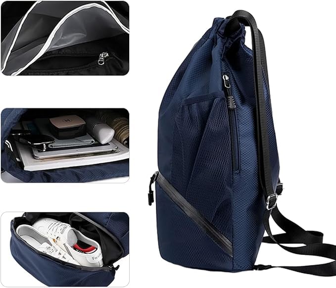 Drawstring Backpack for Gym & Basketball - Sports Workout Bag with Wet/Dry Separation Pocket & Shoe Compartment - Perfect for Workouts, Travel & School (Navy Blue)
