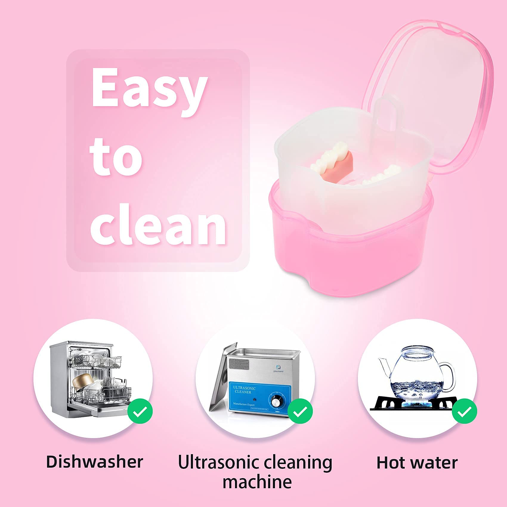 Orthodontic Retainer Case with Waterproof Lid - Denture Soaking Bath Box & Mouthguard Storage Container - Pink | Perfect for Travel, Home & Daily Dental Care
