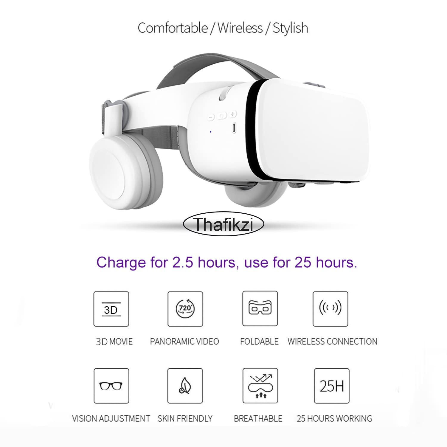 Thafikzi VR Headset for iPhone & Android - 3D Virtual Reality Glasses with Bluetooth Headset & Remote Controller for Movies, Gaming & Metaverse | Wireless VR Goggles for Smartphones (White) - Perfect for Home Entertainment, VR Gaming & Immersive Movie Experiences