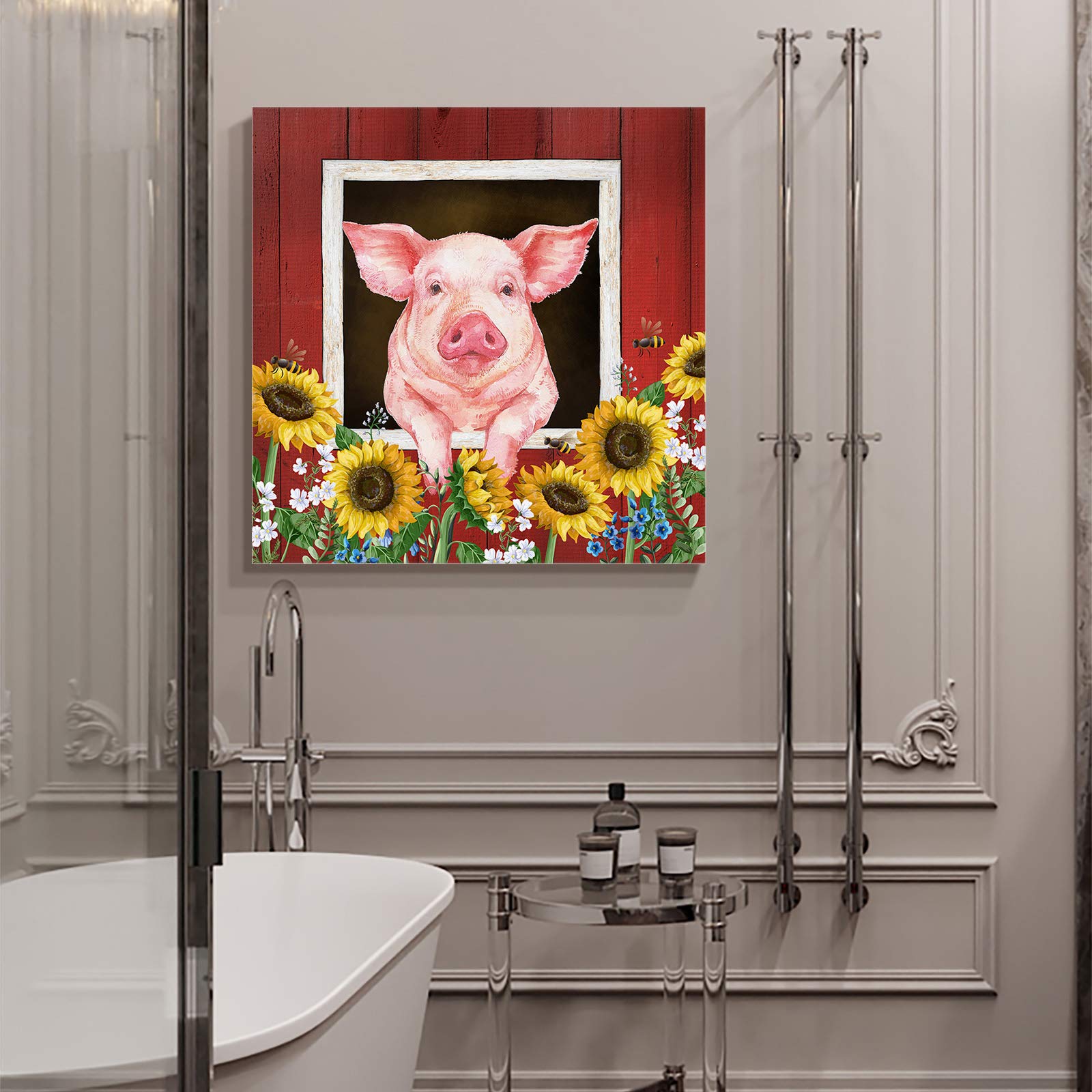 Farmhouse Sunflower Pig Canvas Wall Art - 12x12 Inch Framed Painting for Kitchen & Living Room Decor - Cute Farm Animals, Barn Wooden Plank Design - Perfect for Rustic Home Decor, Country Style Interiors & Ready to Hang Wall Decorations