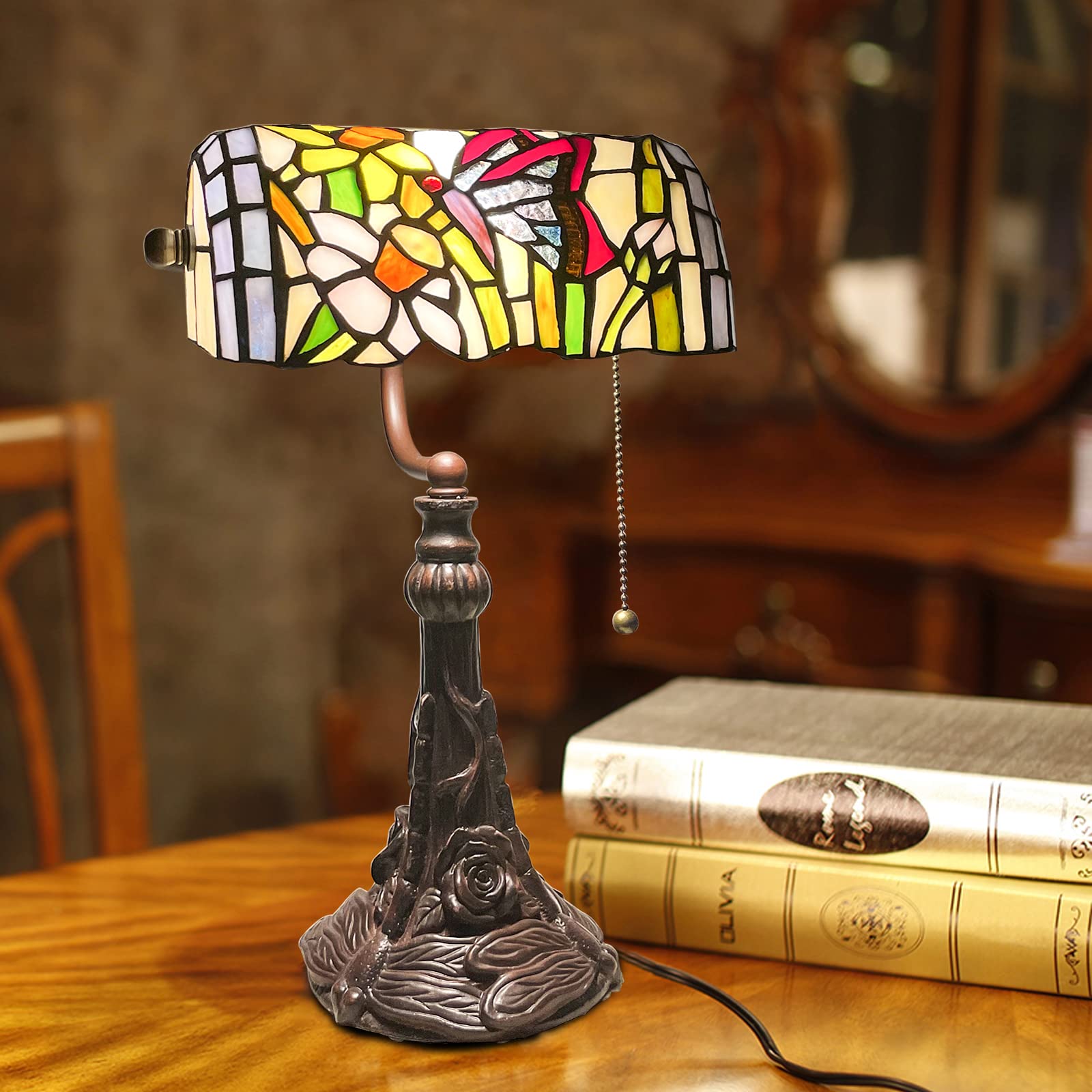 FUMAT Tiffany Style Table Lamp with Stained Glass Shade - Vintage LED Piano Desk Light for Office, Bedroom & Living Room | Antique Farmhouse Decor, Chain Switch, Warm Ambient Lighting
