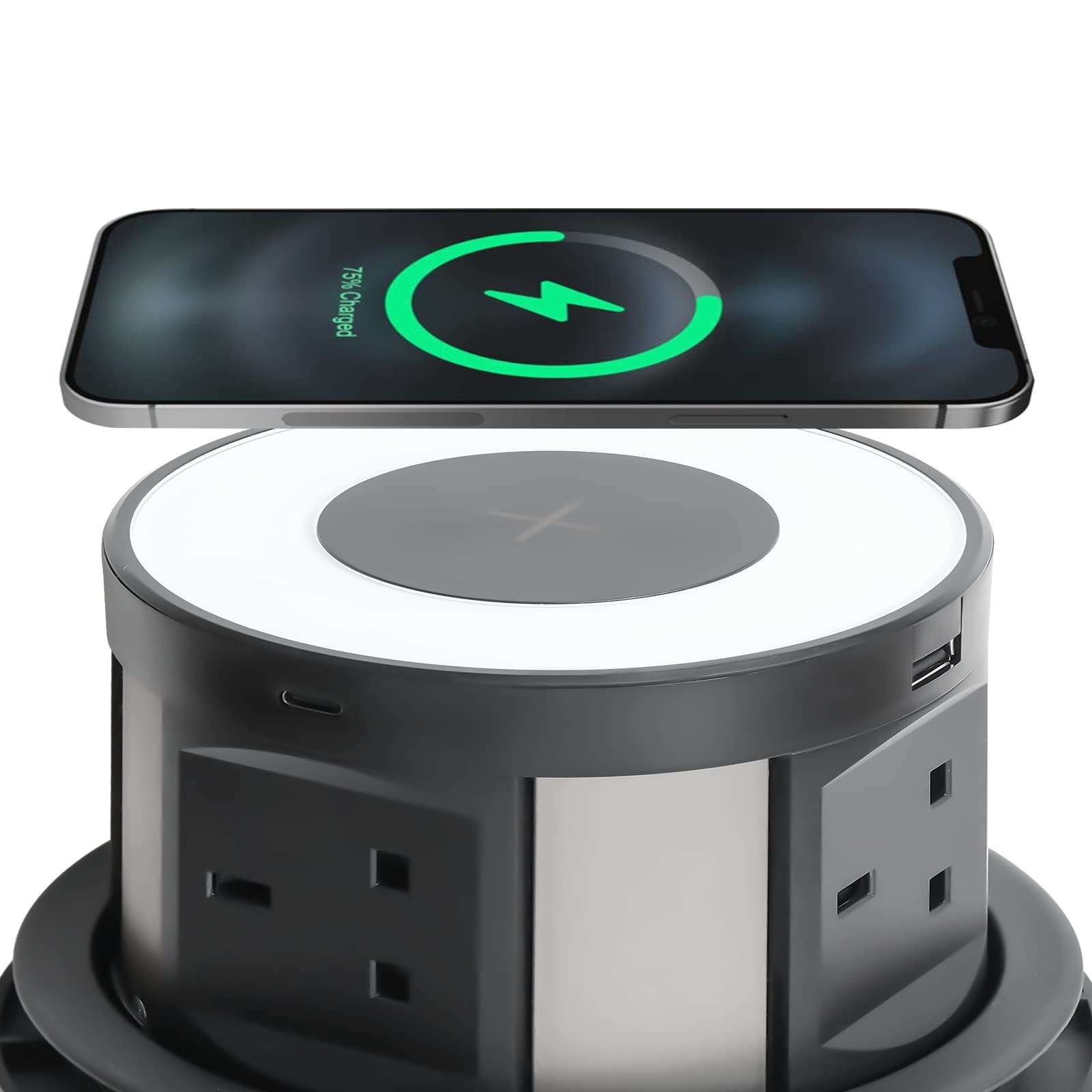 Automatic Pop Up Power Socket - 13A 4 Gang Outlet with 2 USB C & 2 USB A Ports + QI Wireless Charger - 3m Extension Cable for Kitchen Countertops, Office Desks & Workstations (Black) | Perfect for Home, Office & Commercial Spaces